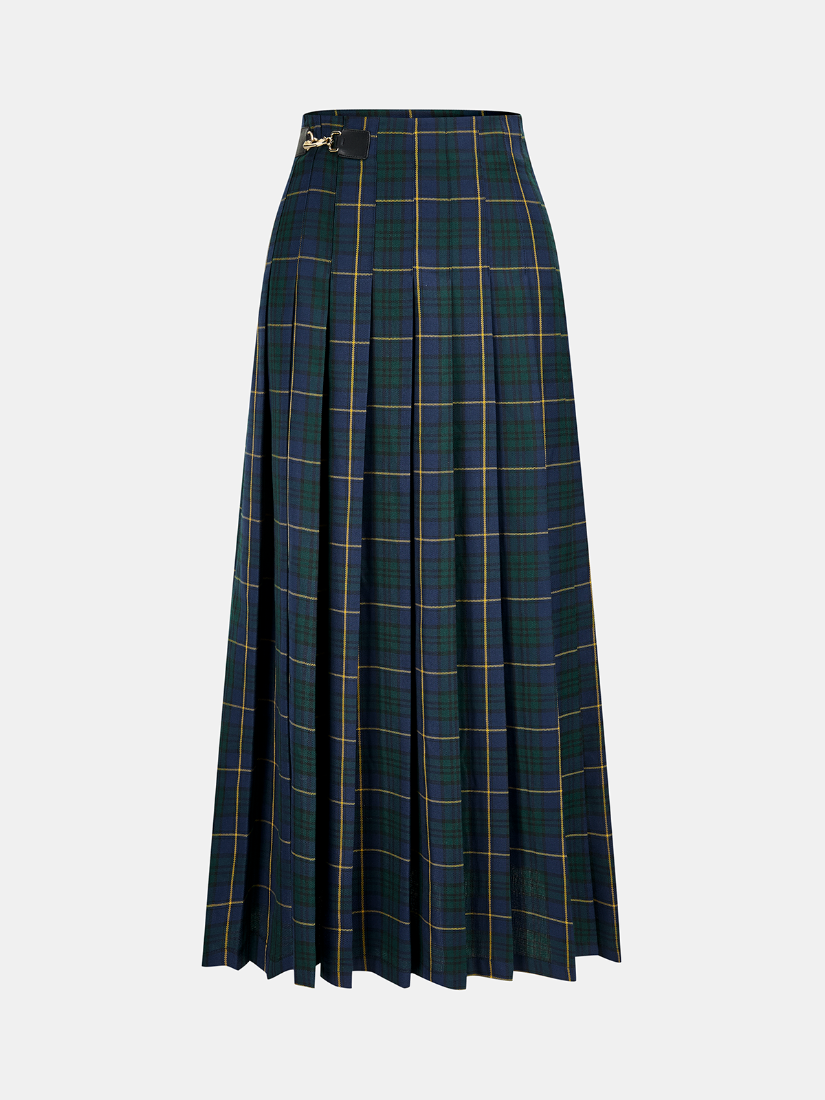 Pleated Plaid Buckle Maxi Skirt-Chicvia