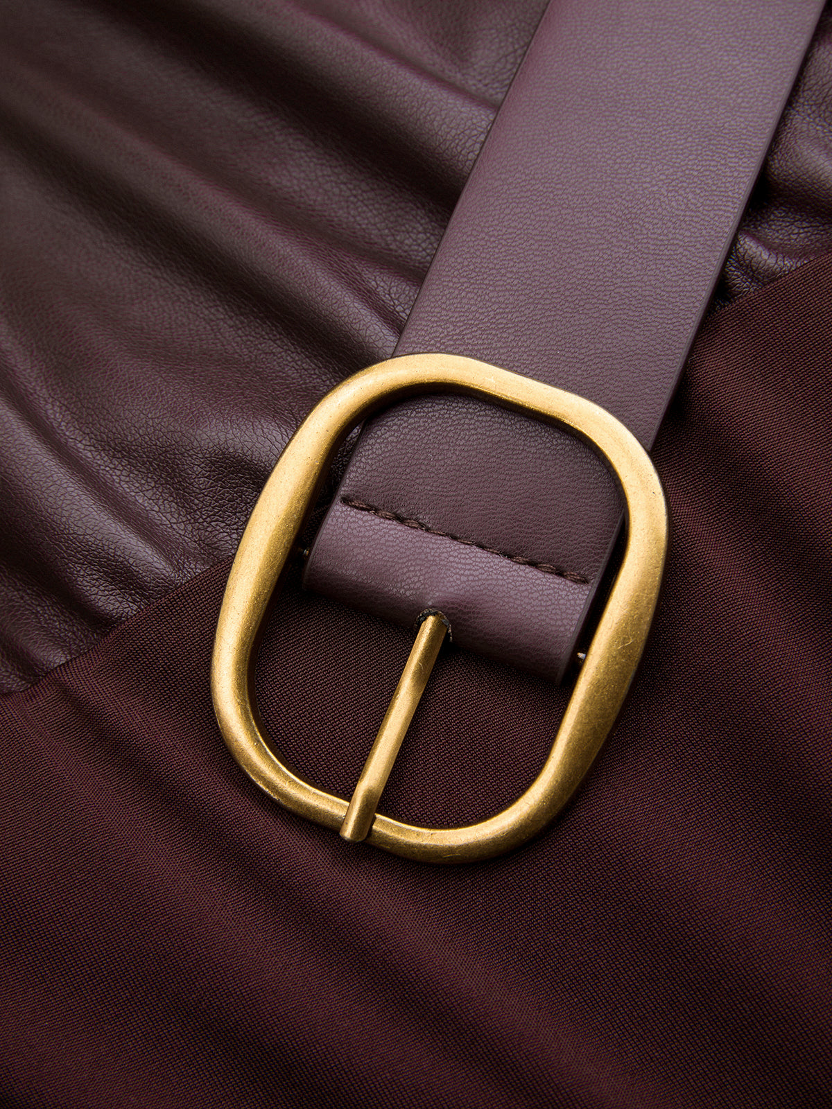 Belted Ruched Sleeveless Faux Leather Bodysuit-Chicvia