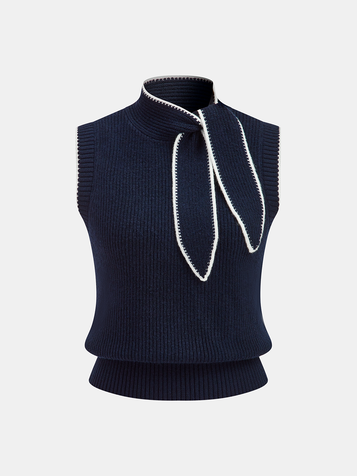 Contrast Trim Tie-Neck Sleeveless Rib-Knit Vest-Chicvia