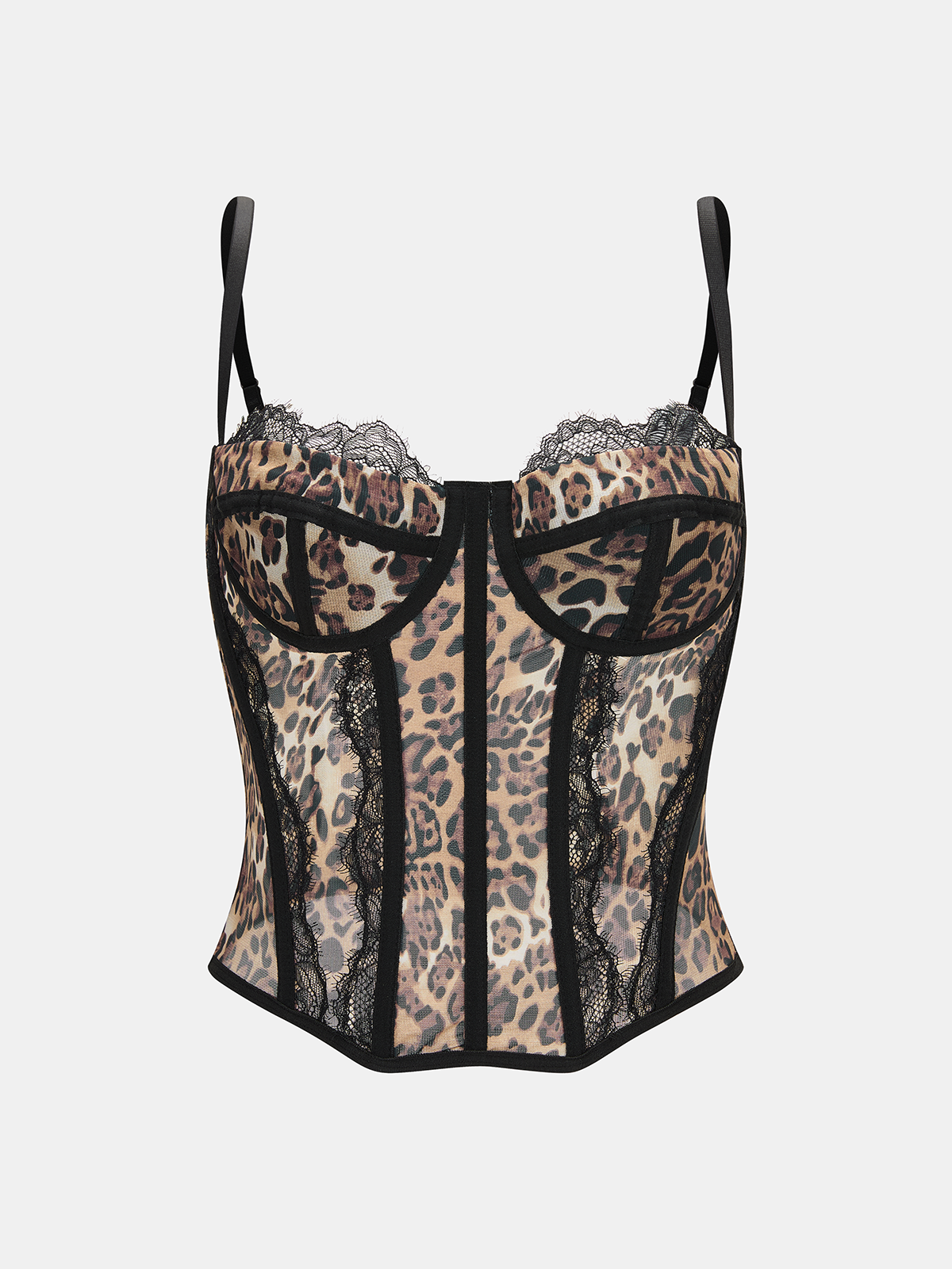 Lace-Trim Leopard-Print Chiffon Corset Top-Chicvia