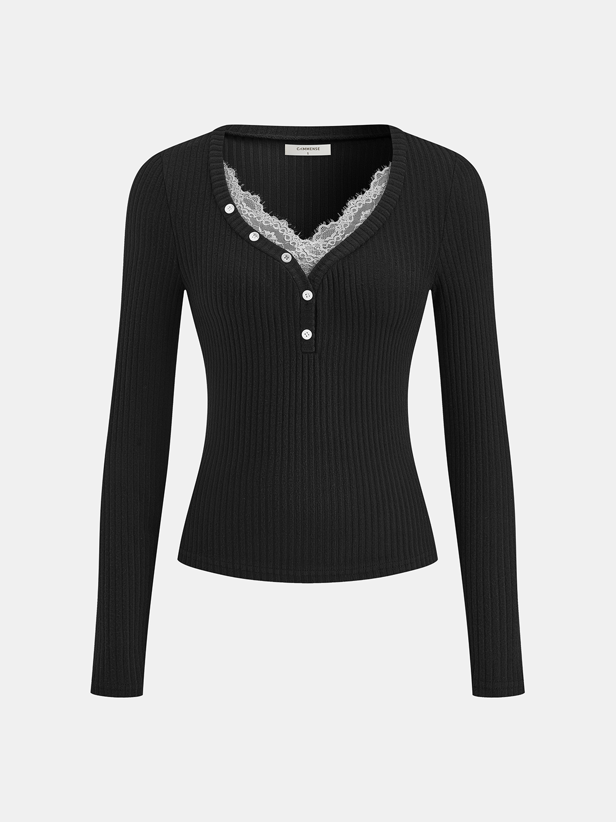 Lace Trim Henley Neck Ribbed Knit Top-Chicvia