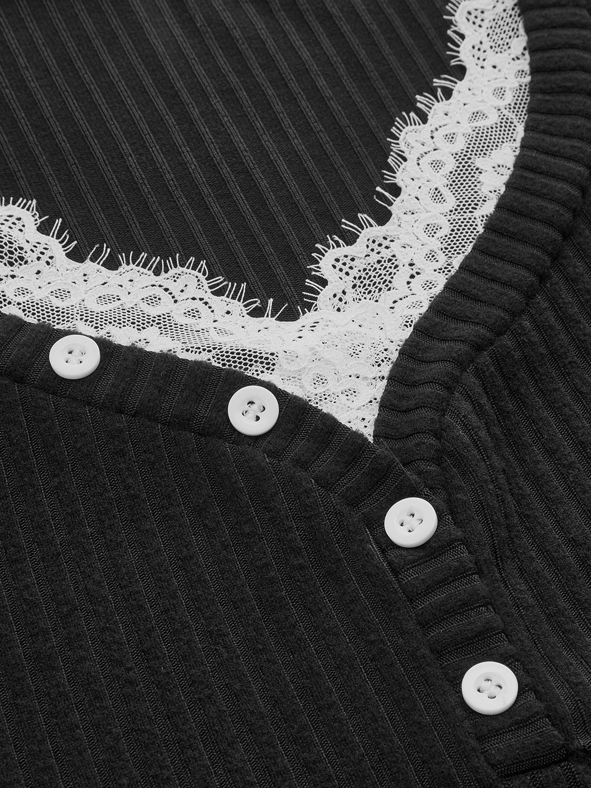 Lace Trim Henley Neck Ribbed Knit Top-Chicvia