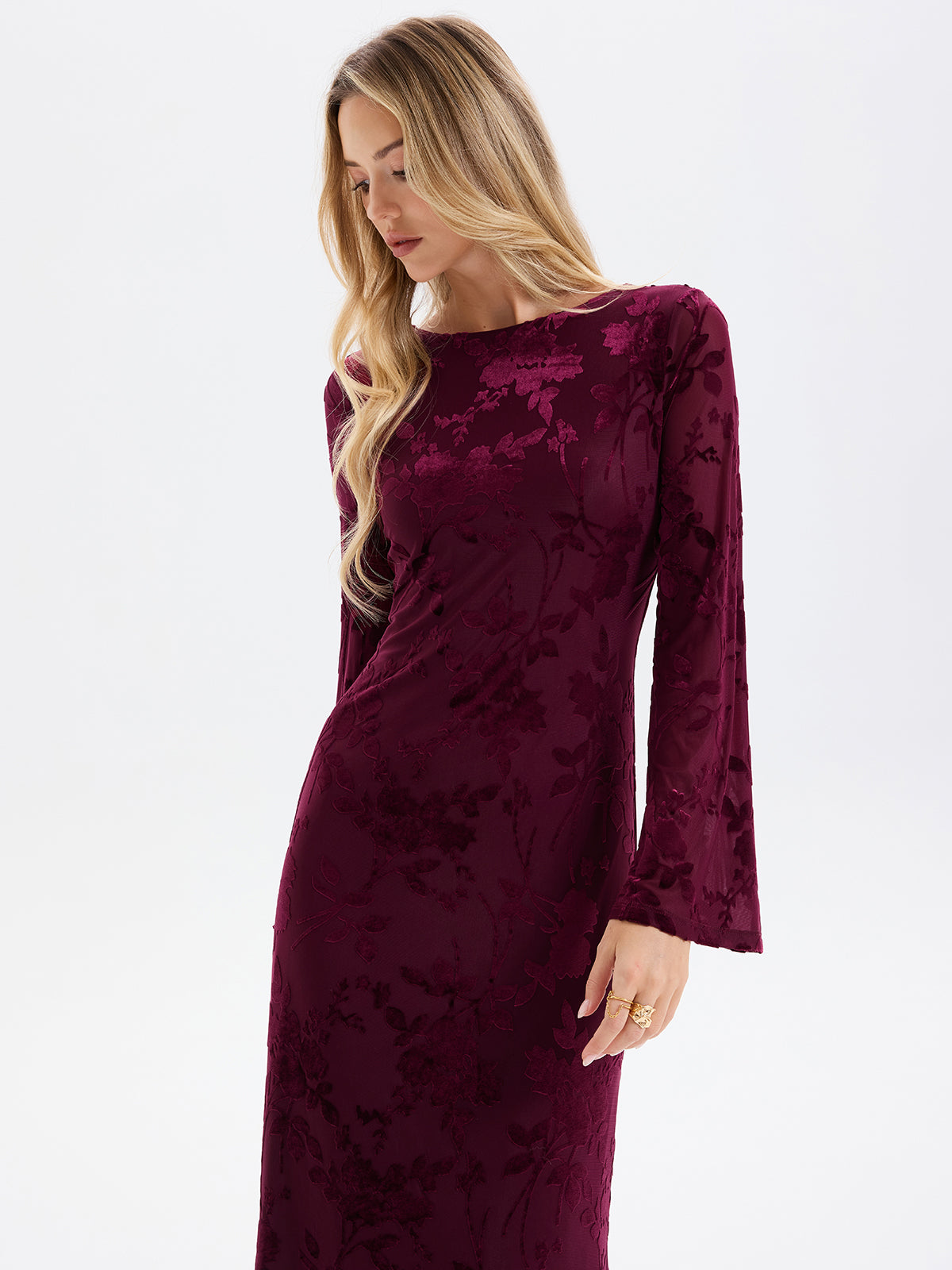 Floral-Jacquard Backless Maxi Dress-Chicvia