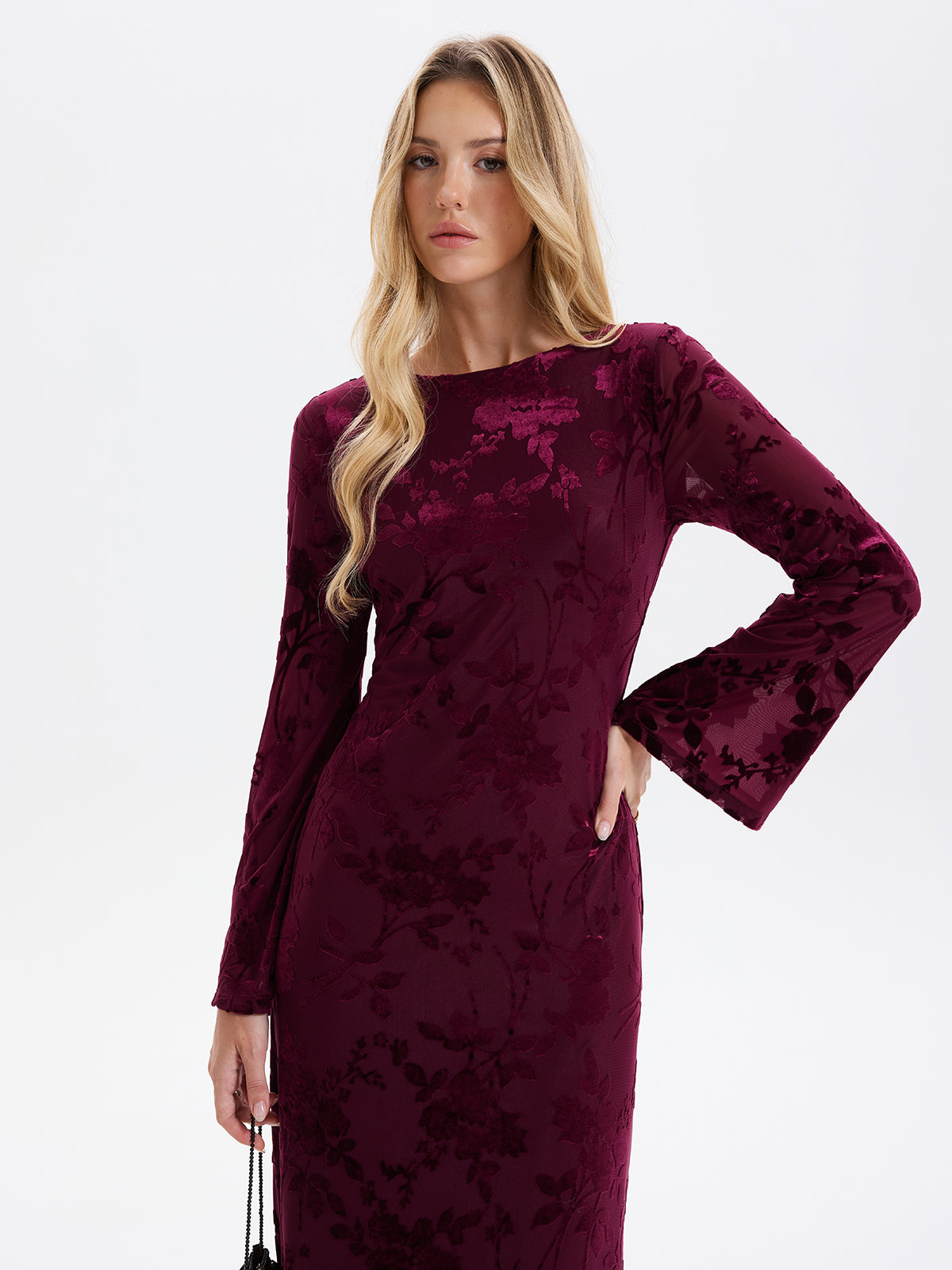 Floral-Jacquard Backless Maxi Dress-Chicvia