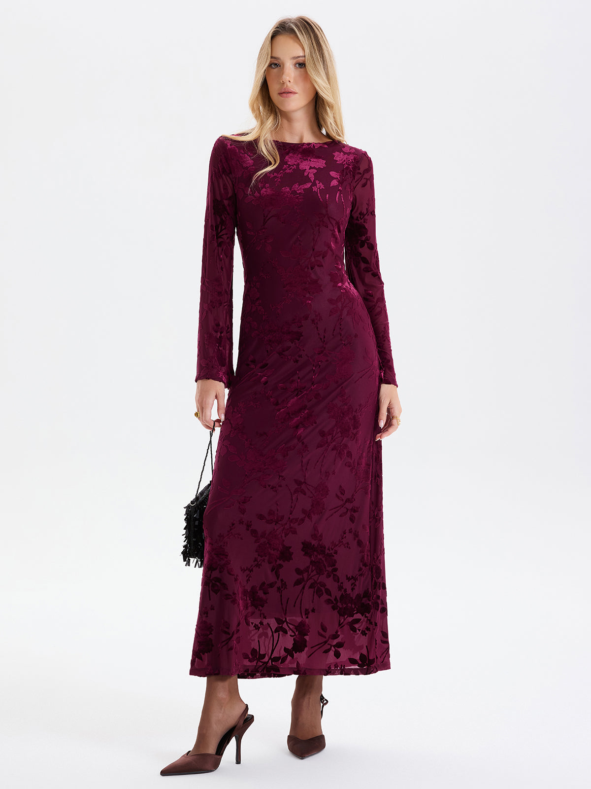 Floral-Jacquard Backless Maxi Dress-Chicvia