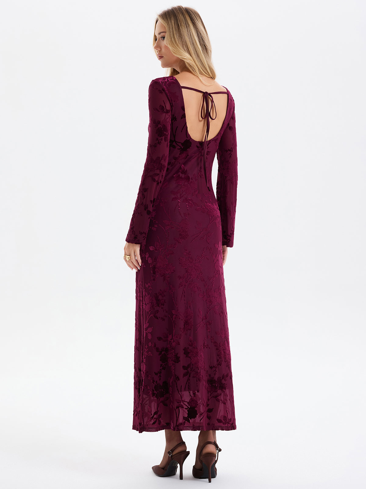 Floral-Jacquard Backless Maxi Dress-Chicvia