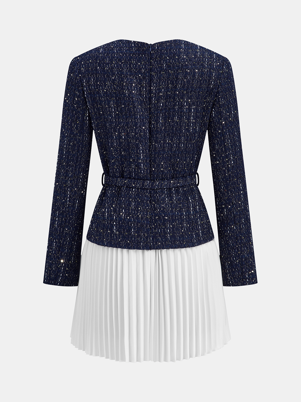 Pleated Hem Panel Tweed Belted Mini Dress-Chicvia