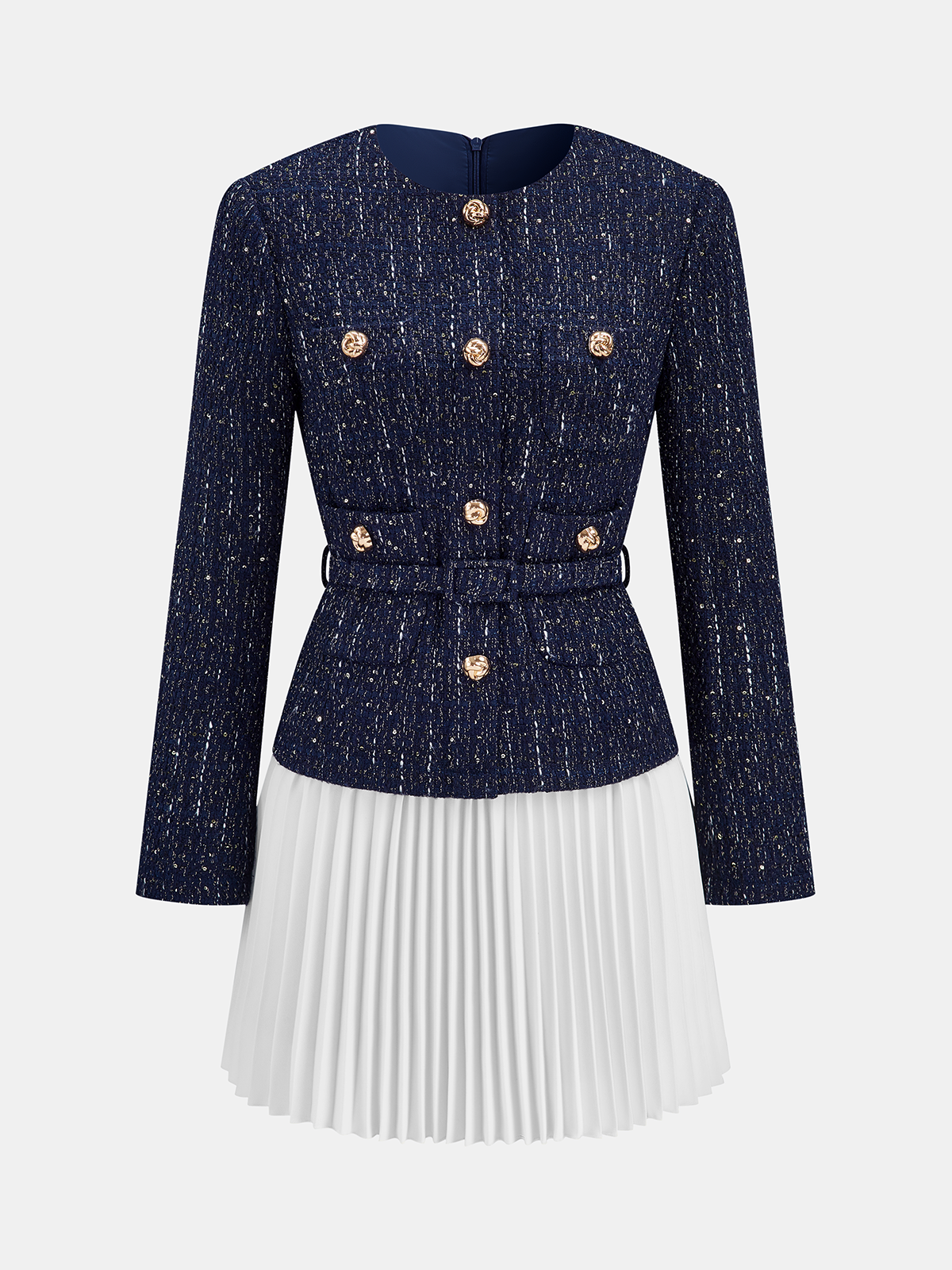 Pleated Hem Panel Tweed Belted Mini Dress-Chicvia