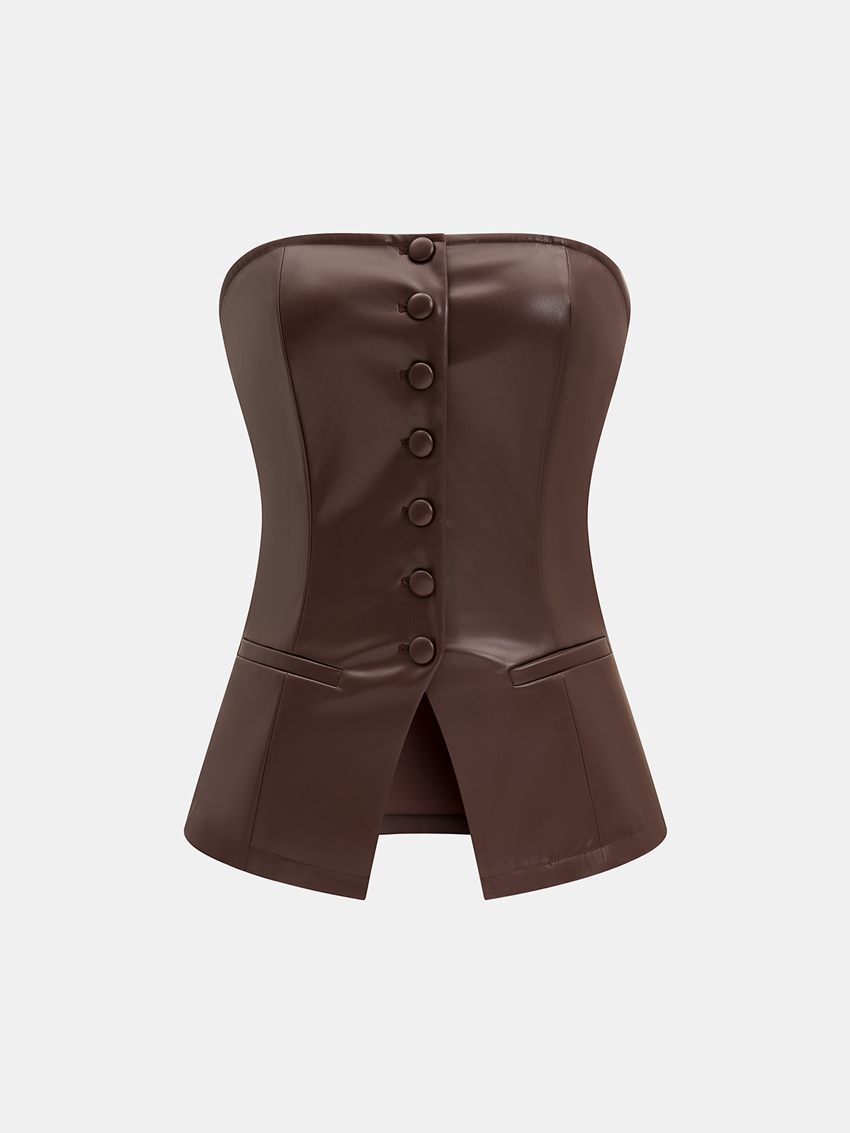 Button-Front Strapless Faux Leather Fitted Top-Chicvia