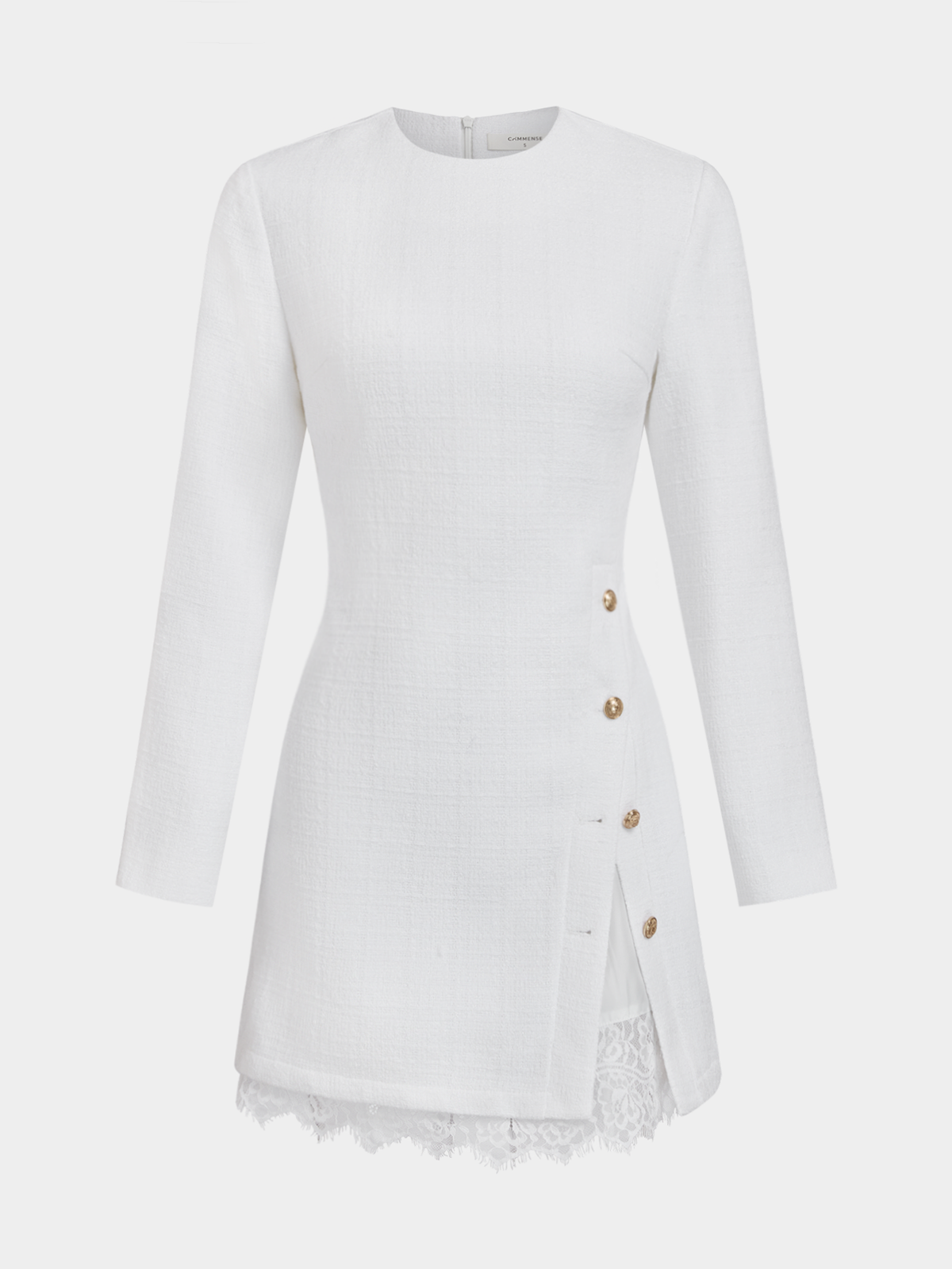 Lace Trim Asymmetric Button Tweed Mini Dress-Chicvia