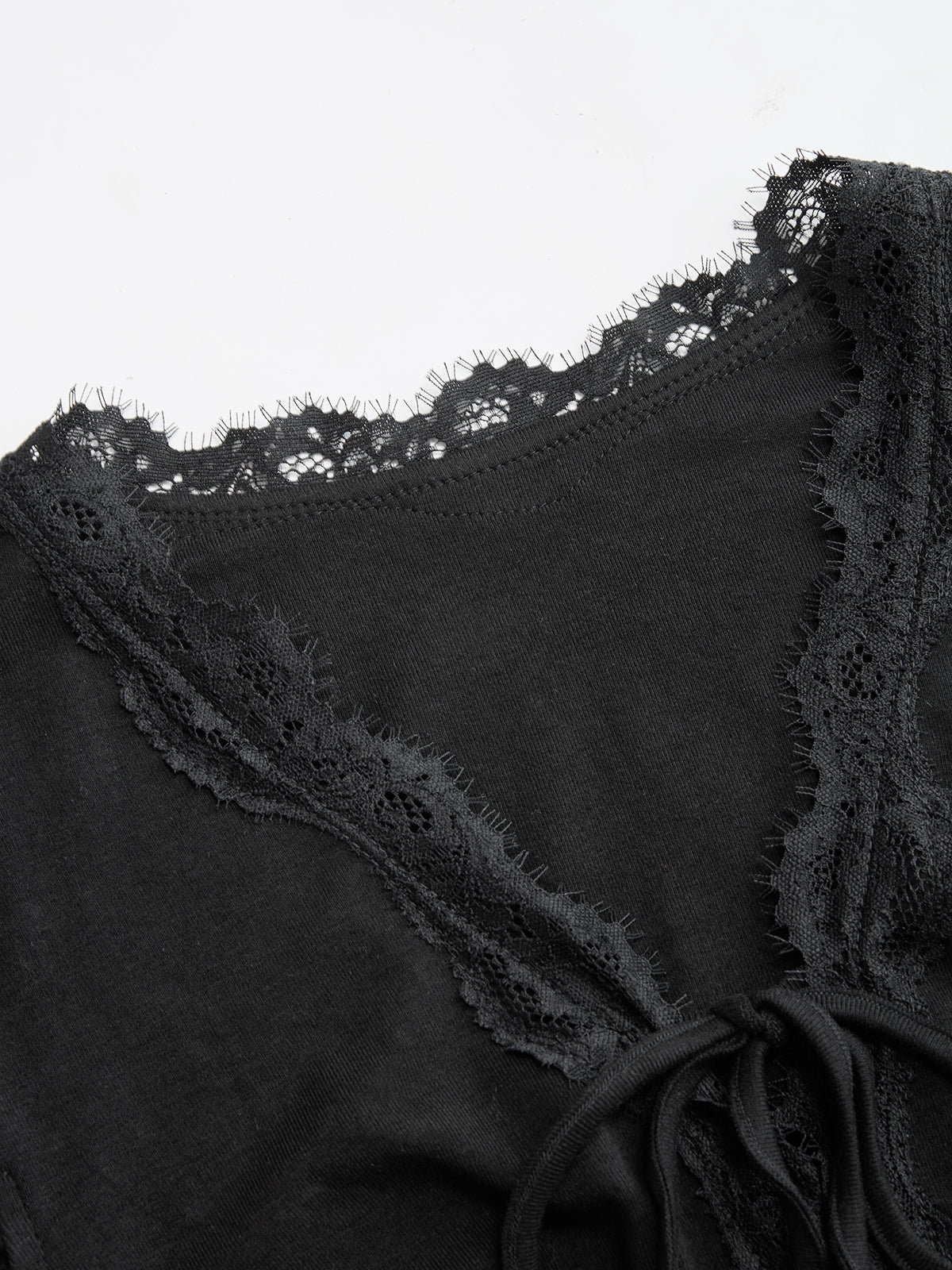 Lace Trim Tie-Front Fitted Short-Sleeve Top-Chicvia