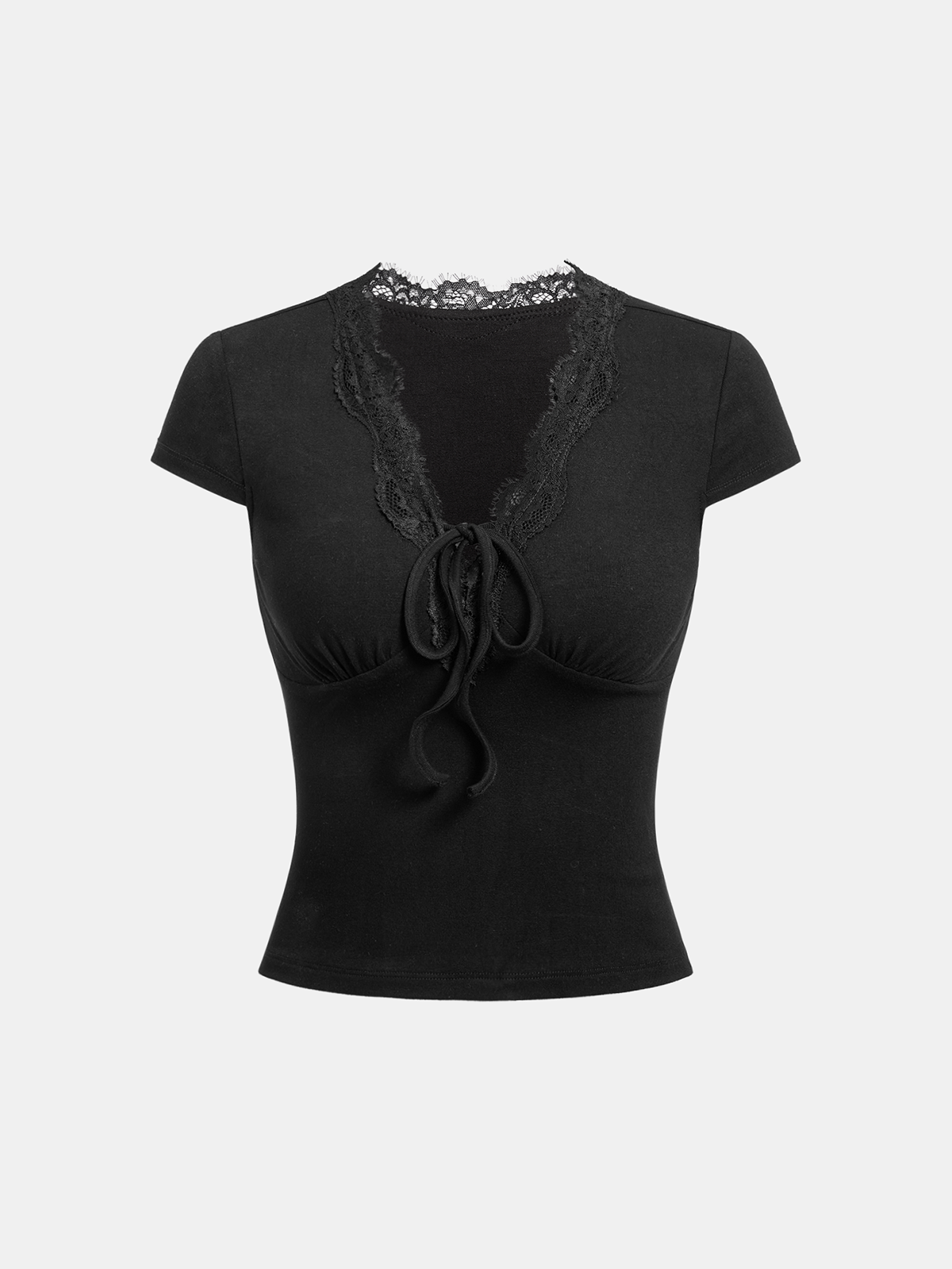 Lace Trim Tie-Front Fitted Short-Sleeve Top-Chicvia