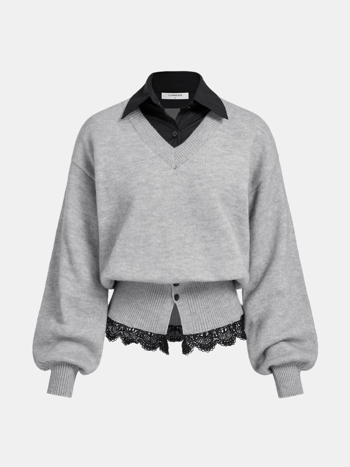 Contrast Collar Lace Hem Sweater-Chicvia