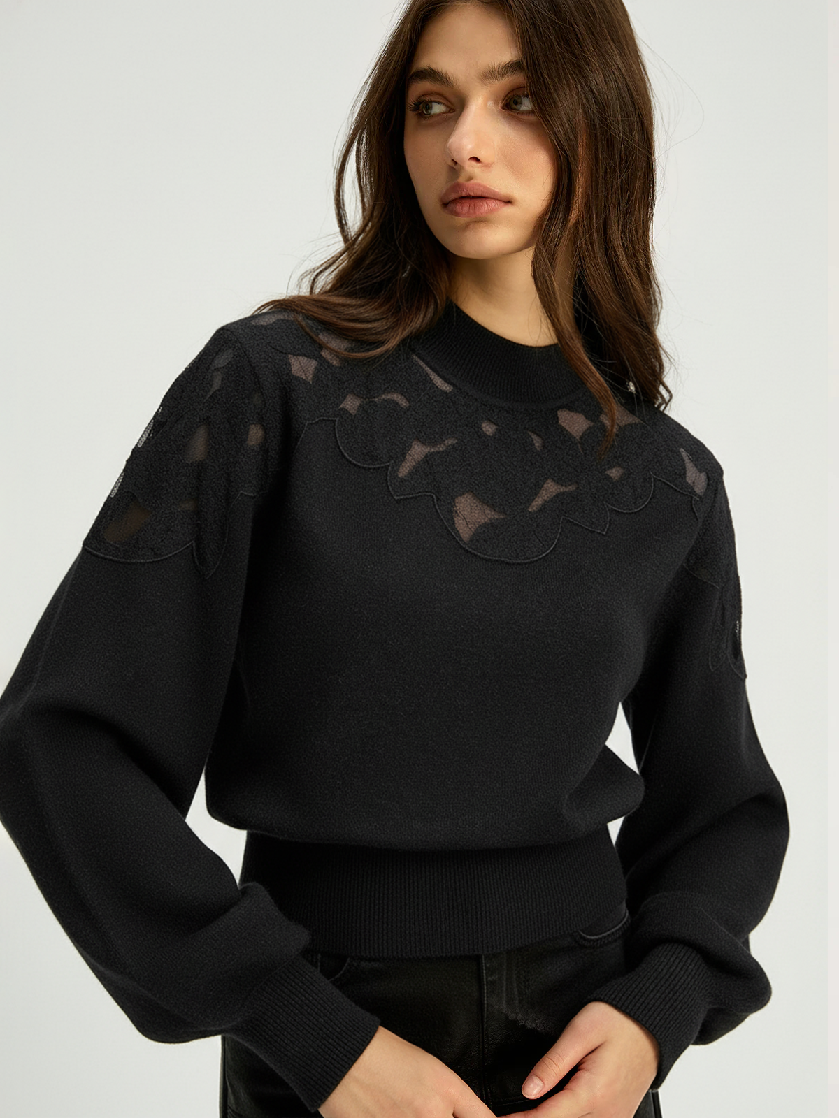 Mock Neck Lace Panel Sweater-Chicvia