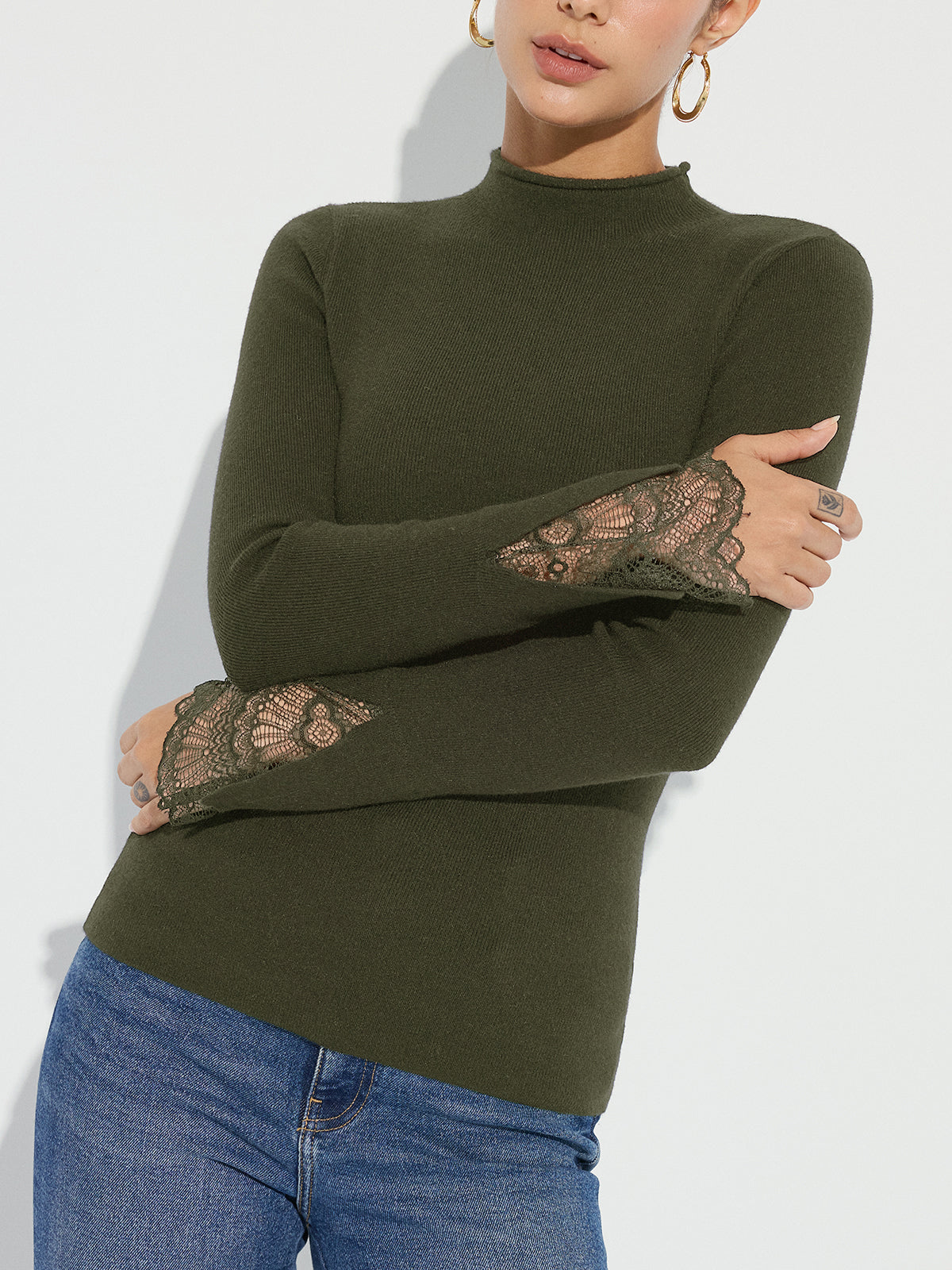 Mock Neck Lace Cuff Knit Top-Chicvia