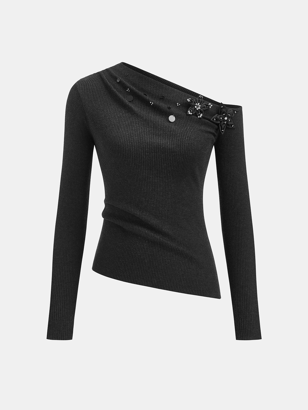 One-Shoulder Wool Blend Embellished Knit Top-Chicvia