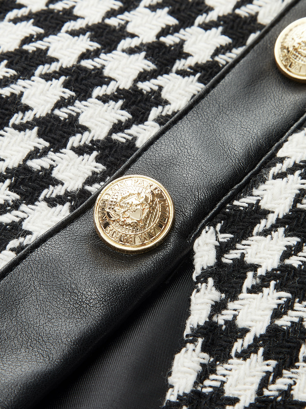 Faux Leather Trim Houndstooth Sleeveless Dress-Chicvia