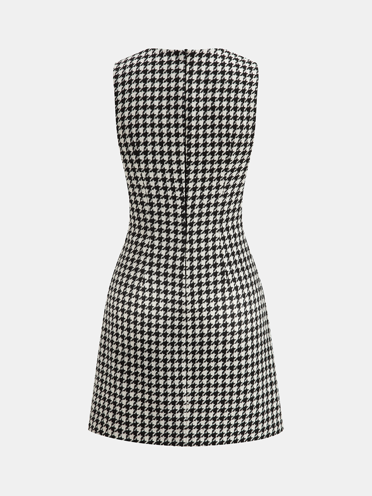Faux Leather Trim Houndstooth Sleeveless Dress-Chicvia