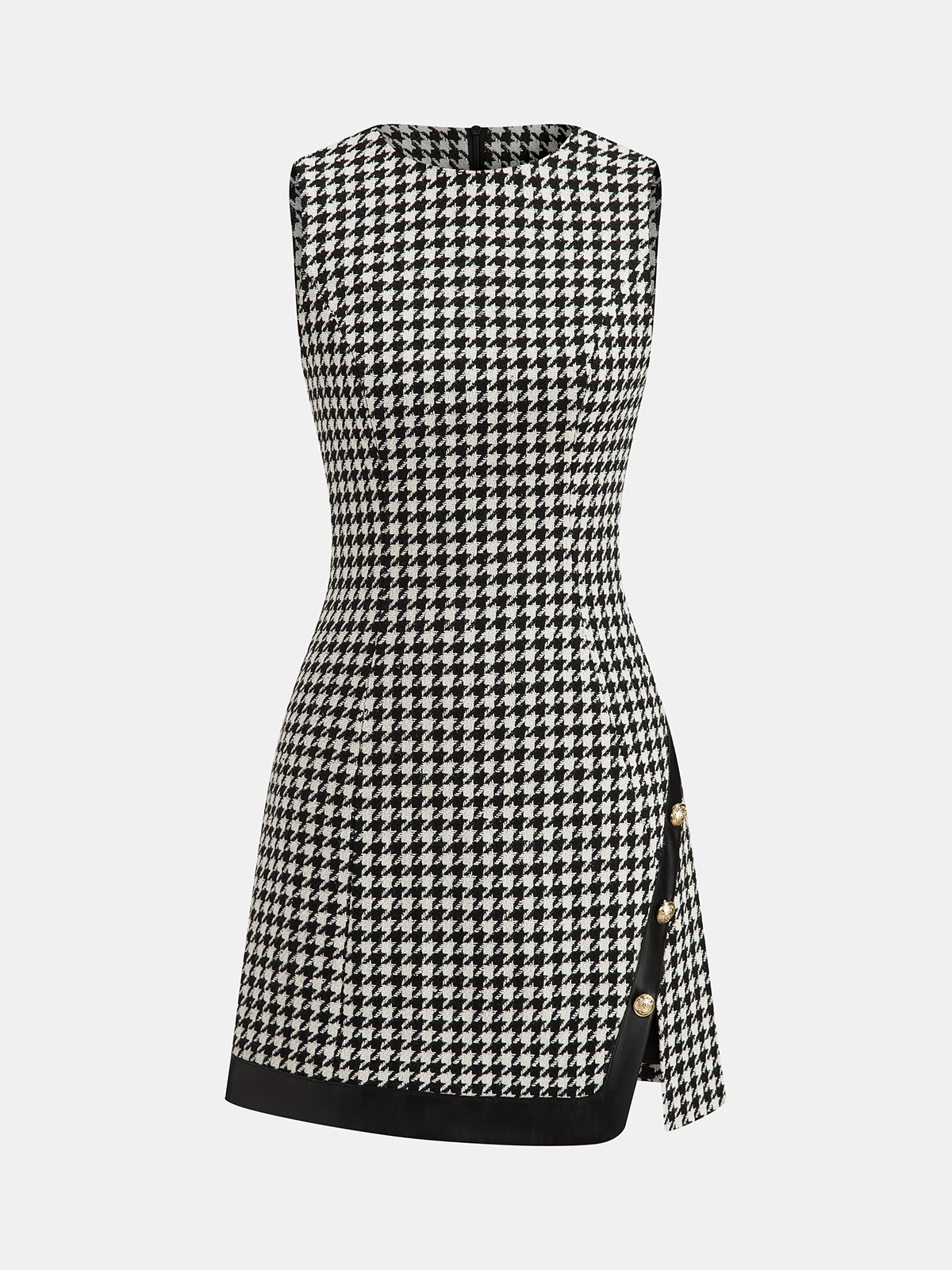 Faux Leather Trim Houndstooth Sleeveless Dress-Chicvia