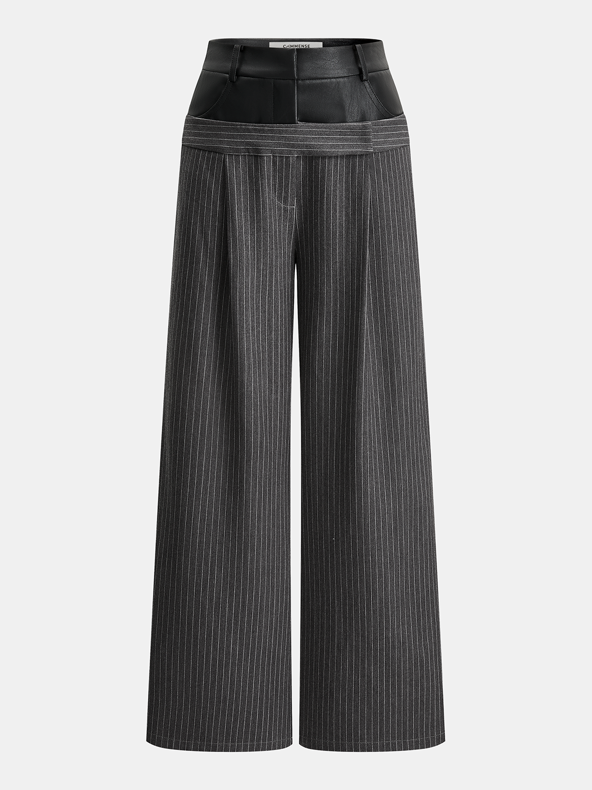 Faux-Leather Panel Striped Wide-Leg Pants-Chicvia