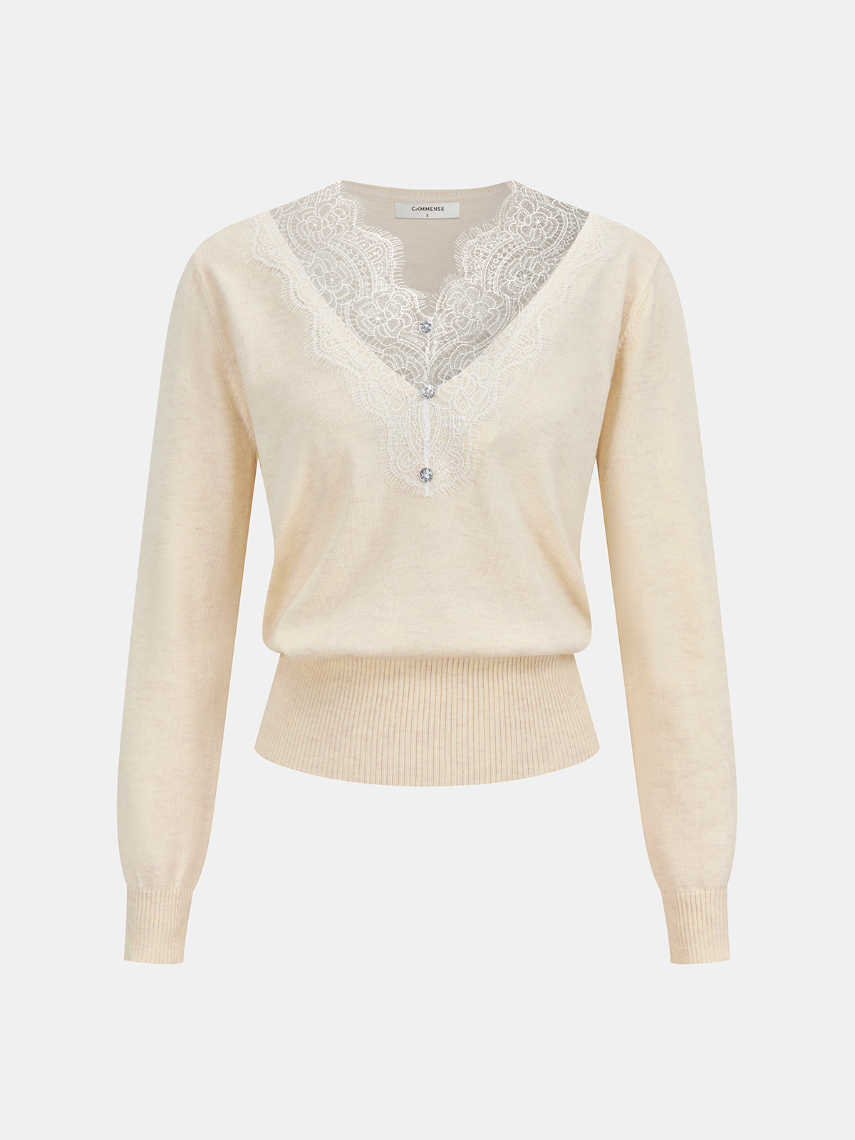 Lace Panel Rhinestone Wool Blend Sweater-Chicvia