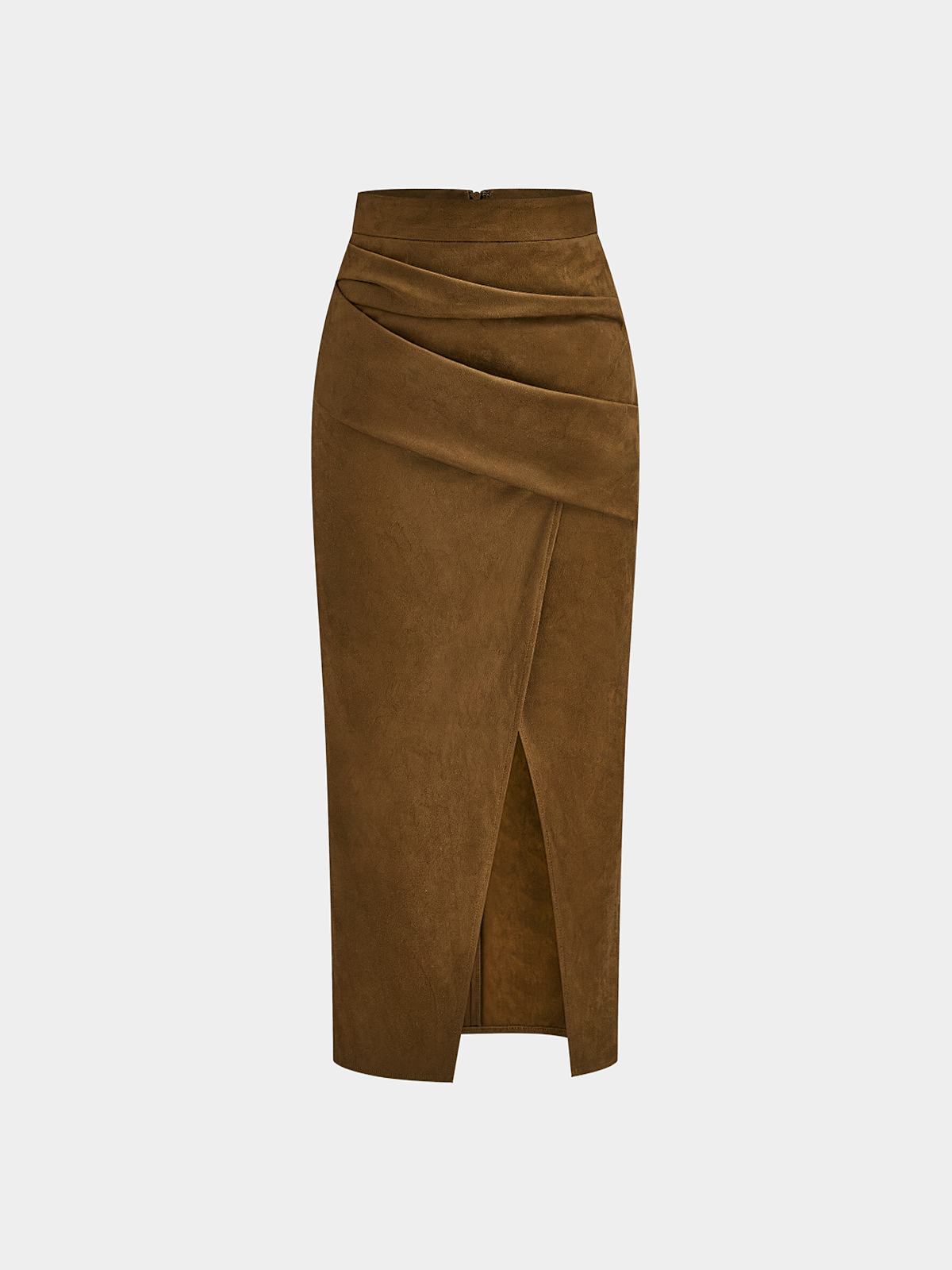 Draped Slit Suede Effect Midi Skirt-Chicvia