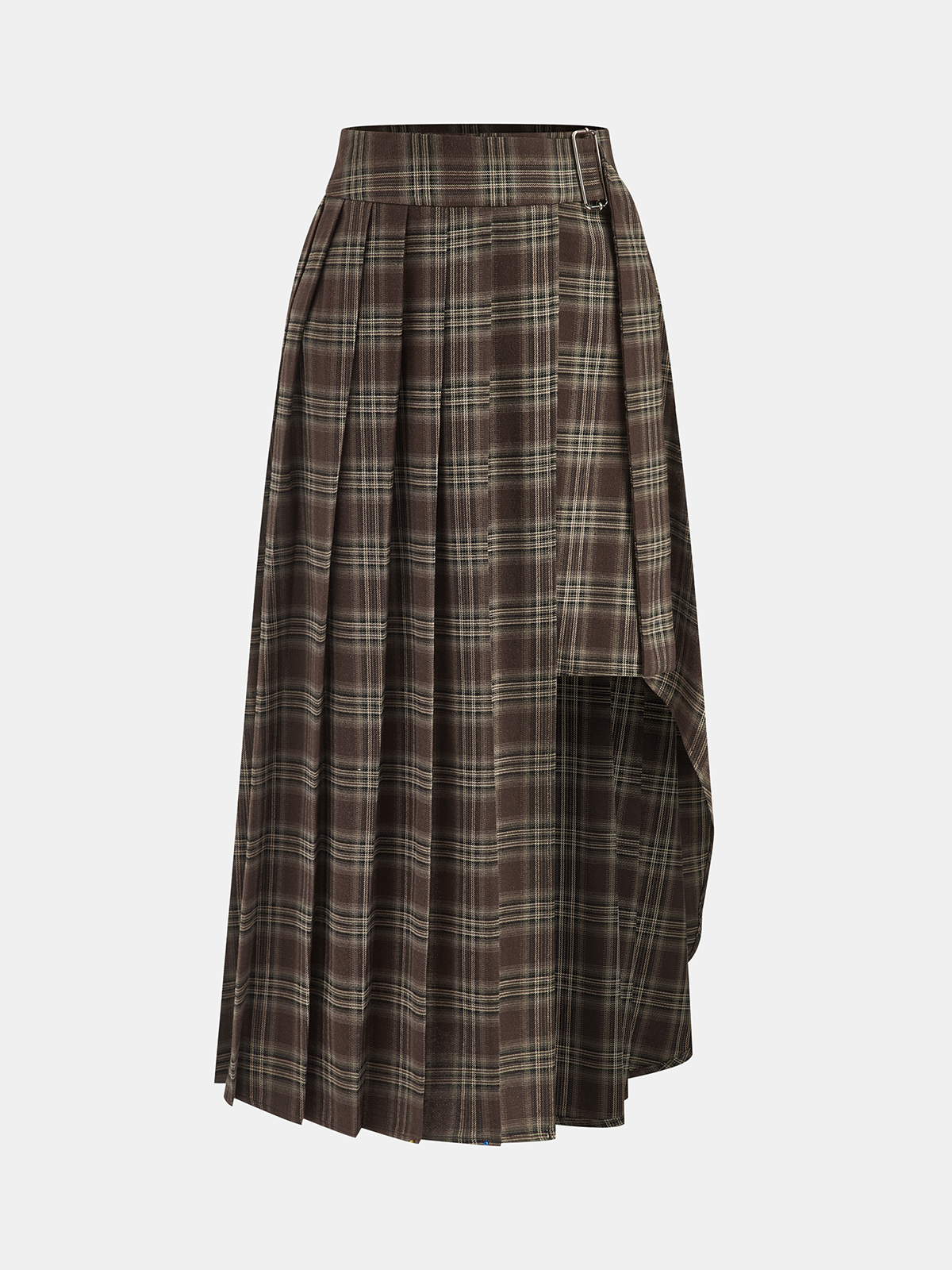 Plaid Asymmetric Pleated Maxi Skirt-Chicvia