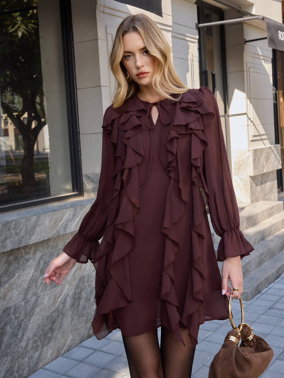 Belted Ruffle Tie-Neck Chiffon Mini Dress-Chicvia