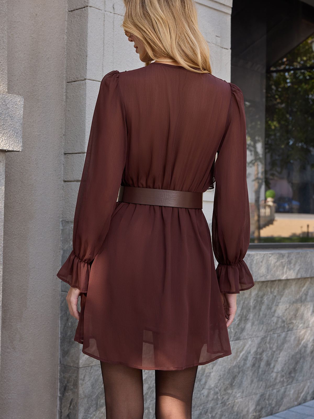 Belted Ruffle Tie-Neck Chiffon Mini Dress-Chicvia