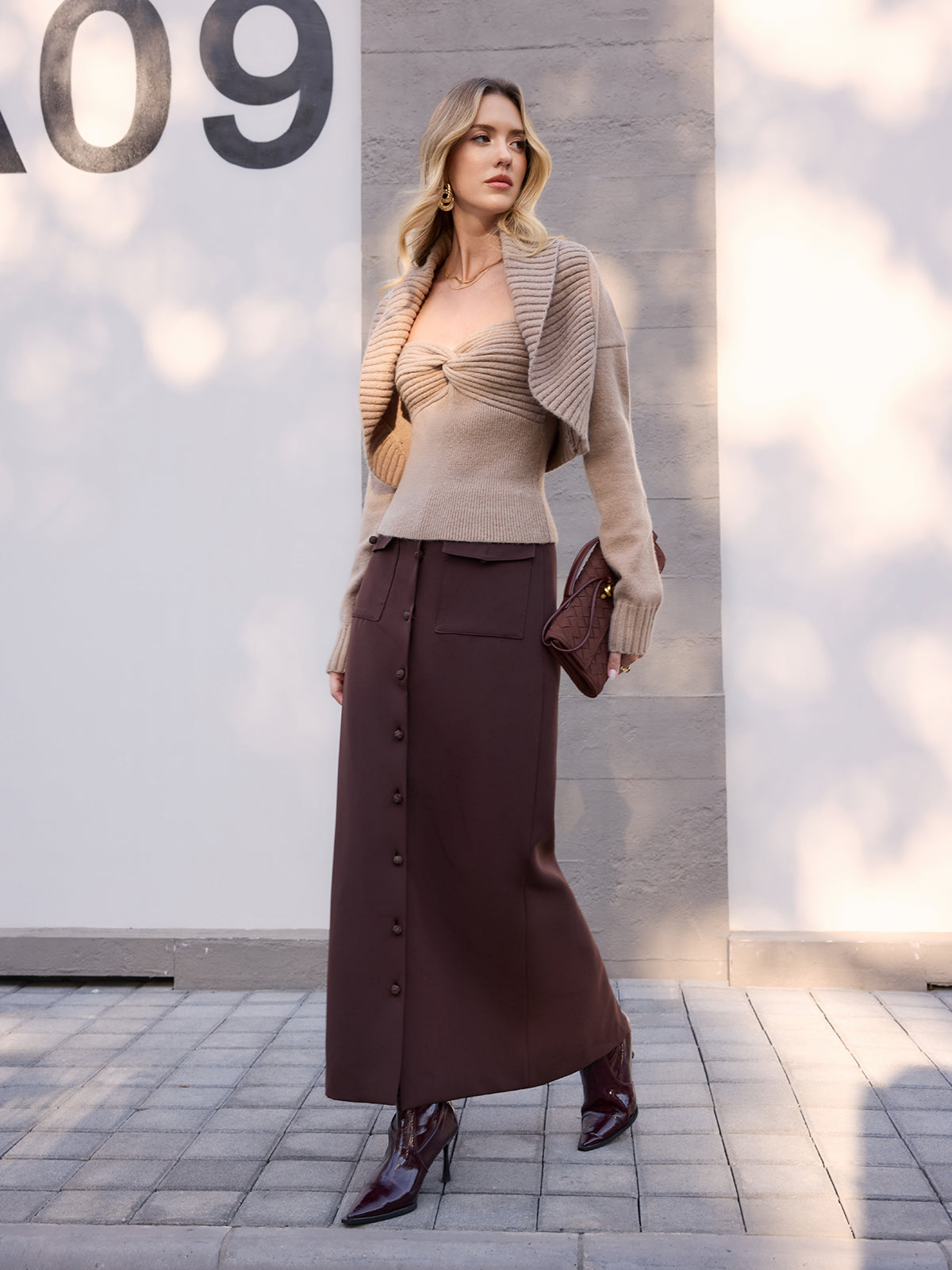 Midi-Waist Button-Front Midi Skirt-Chicvia