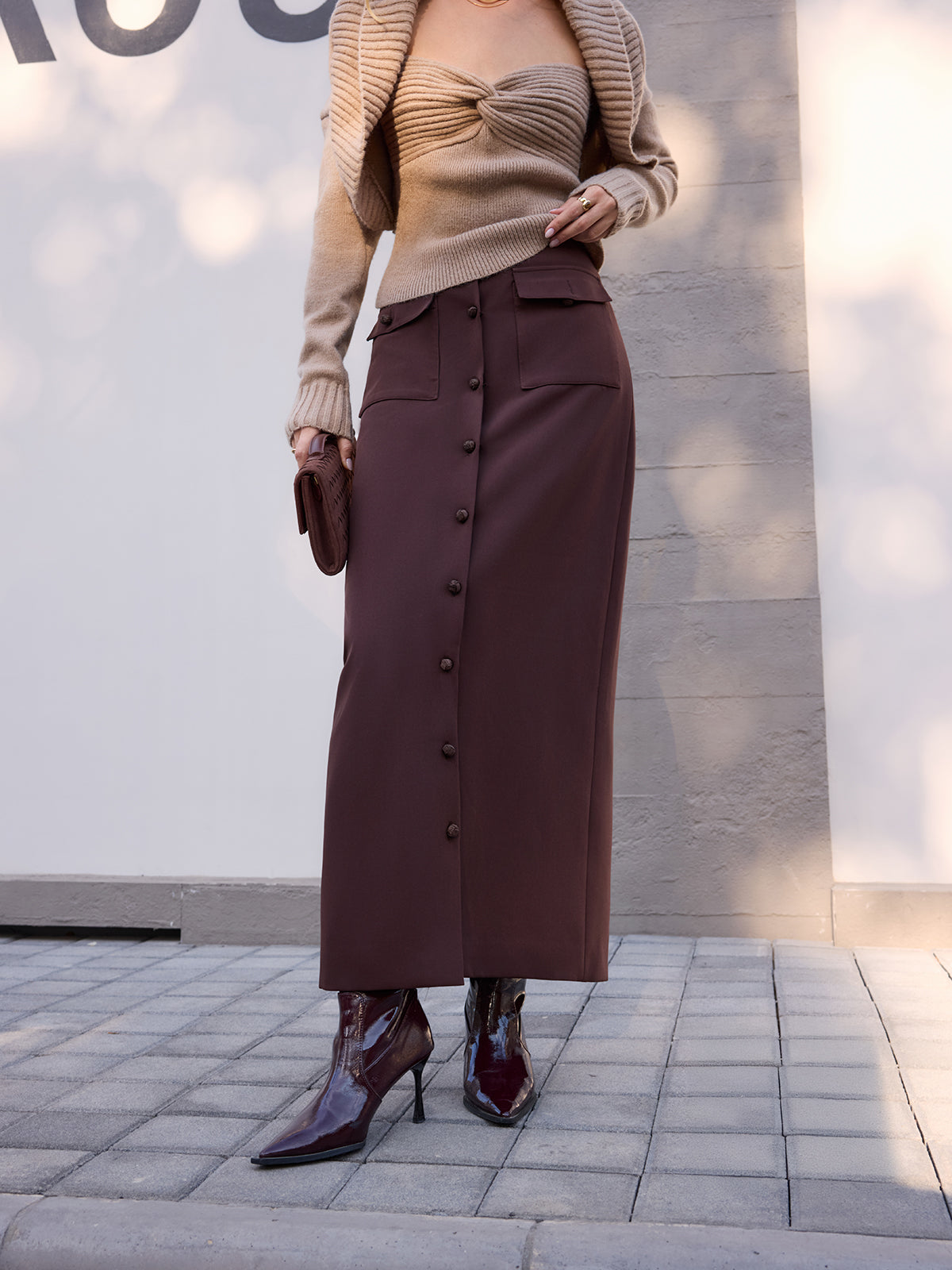 Midi-Waist Button-Front Midi Skirt-Chicvia