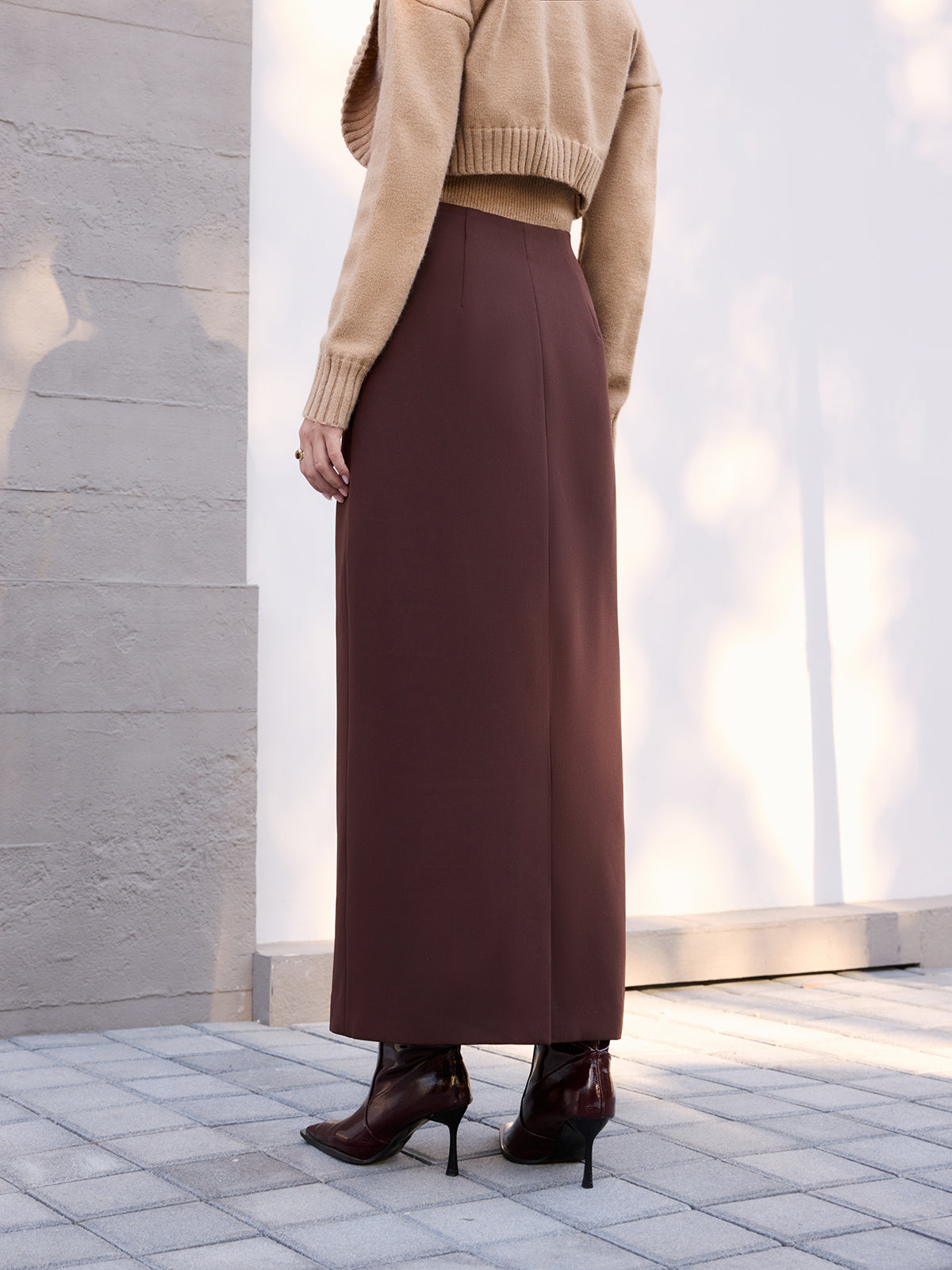 Midi-Waist Button-Front Midi Skirt-Chicvia