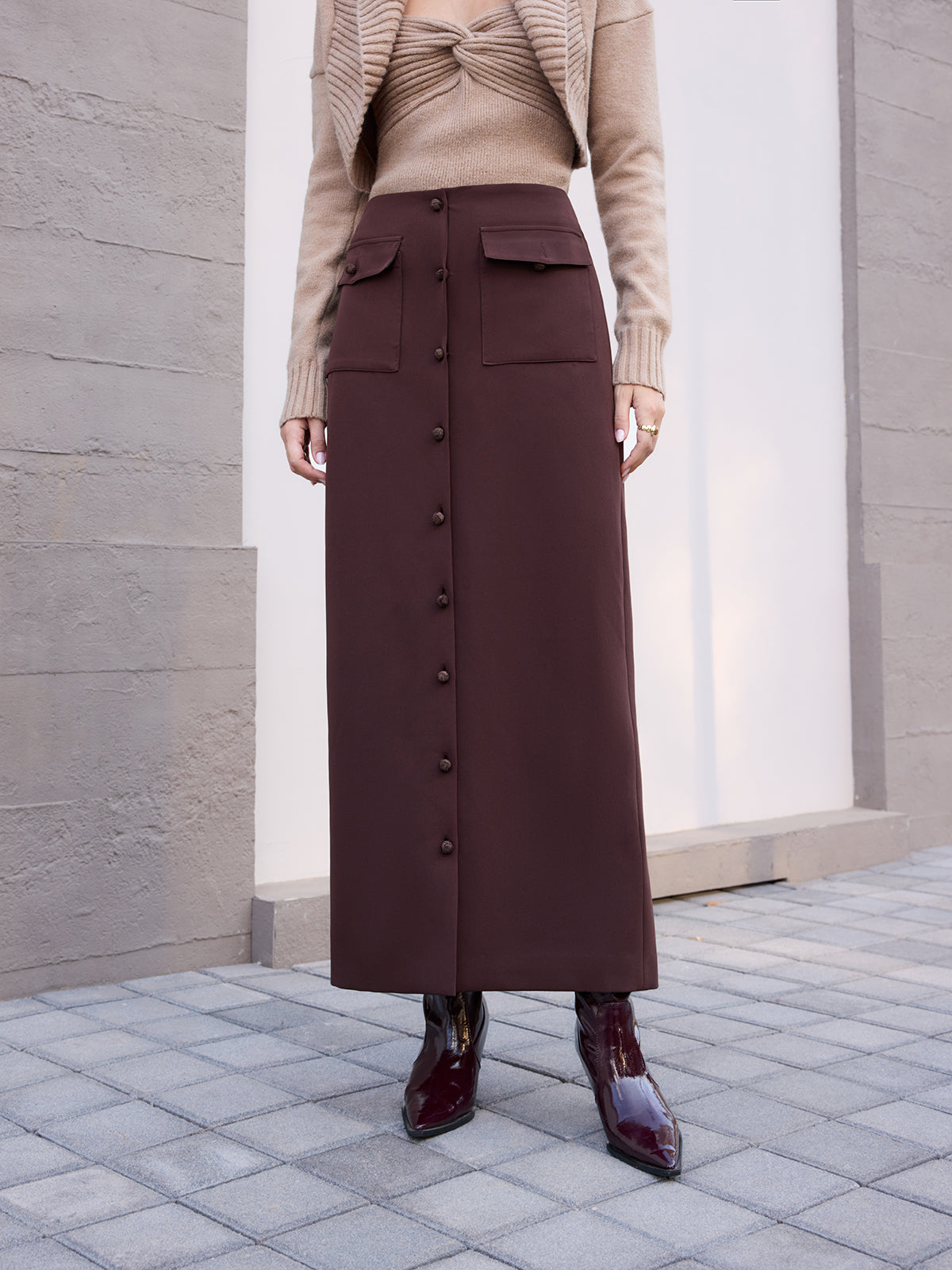 Midi-Waist Button-Front Midi Skirt-Chicvia