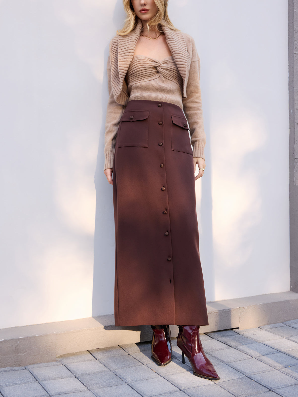 Midi-Waist Button-Front Midi Skirt-Chicvia