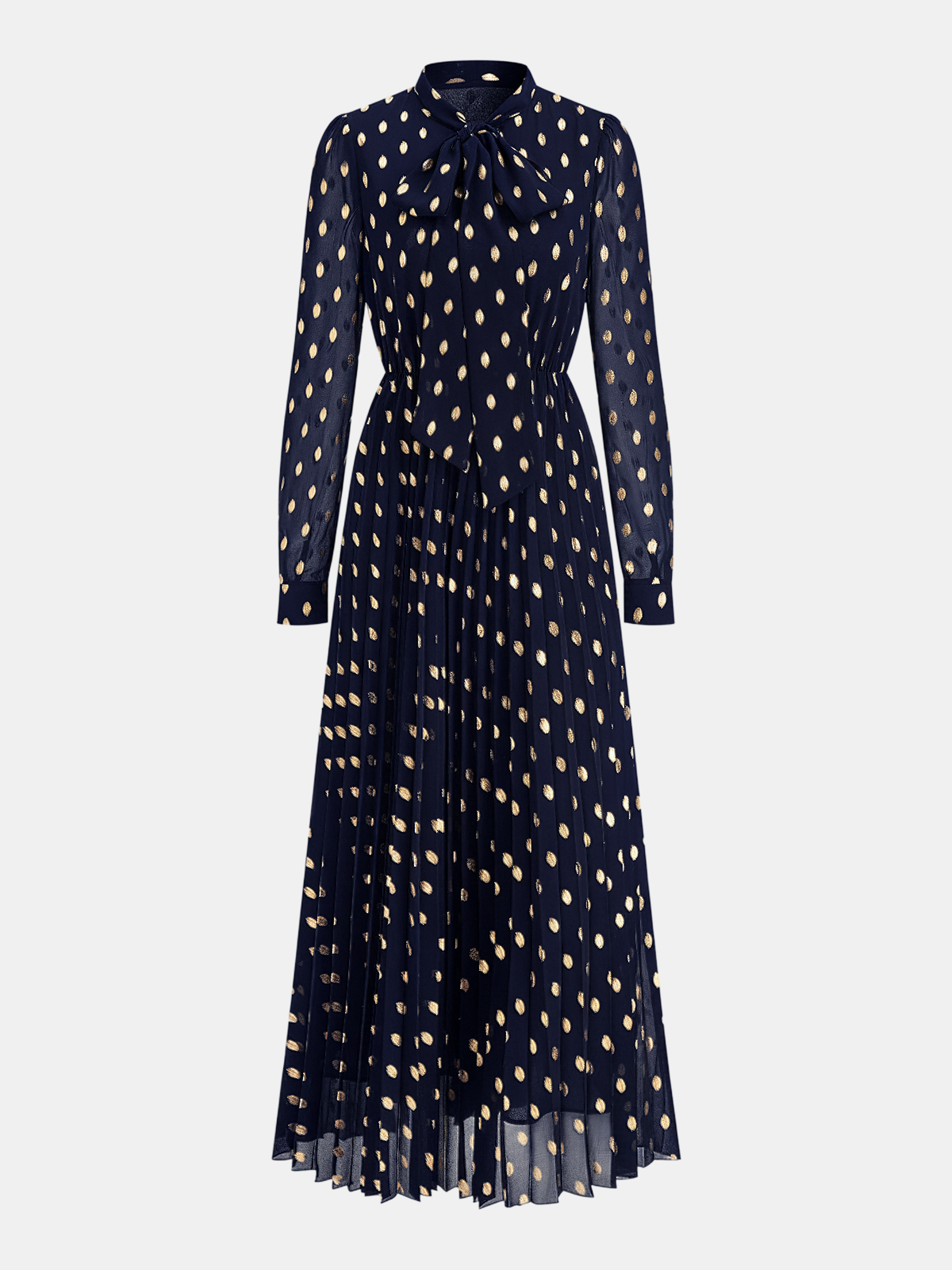 Long Sleeves Foil Spot Print A-Line Maxi Dress-Chicvia