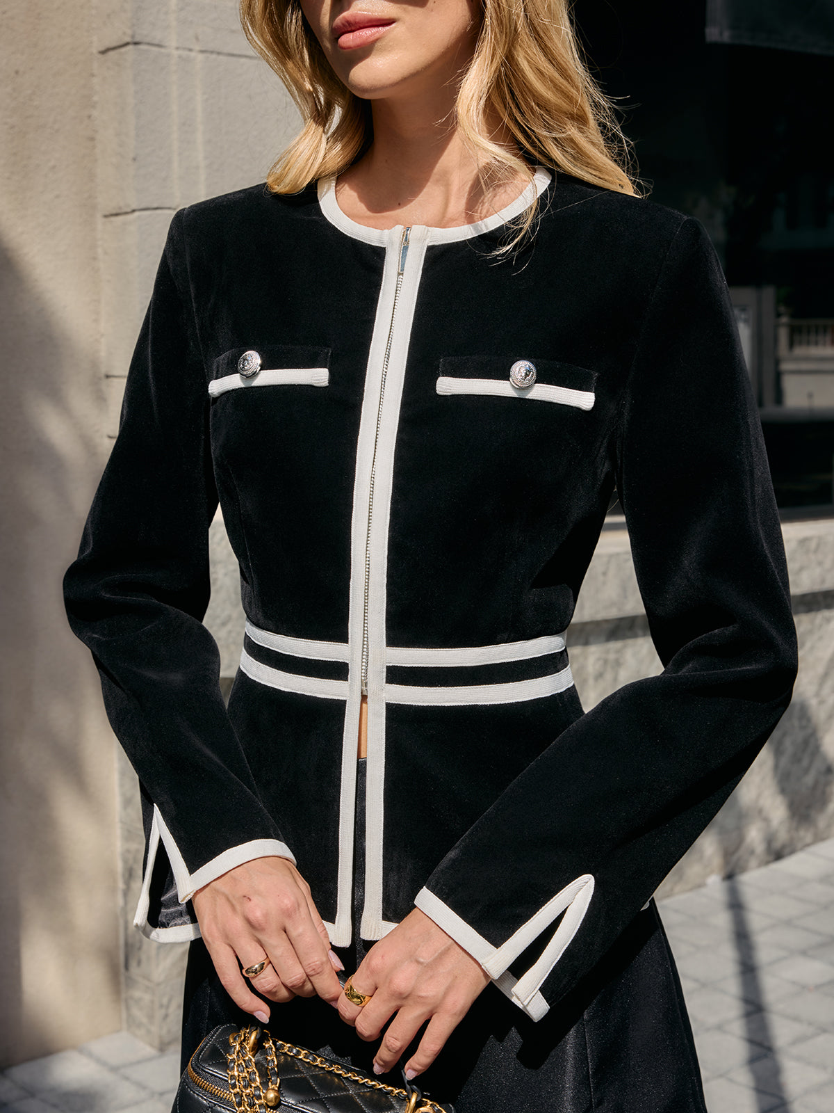 Contrast Piping Zip-Front Blazer-Chicvia
