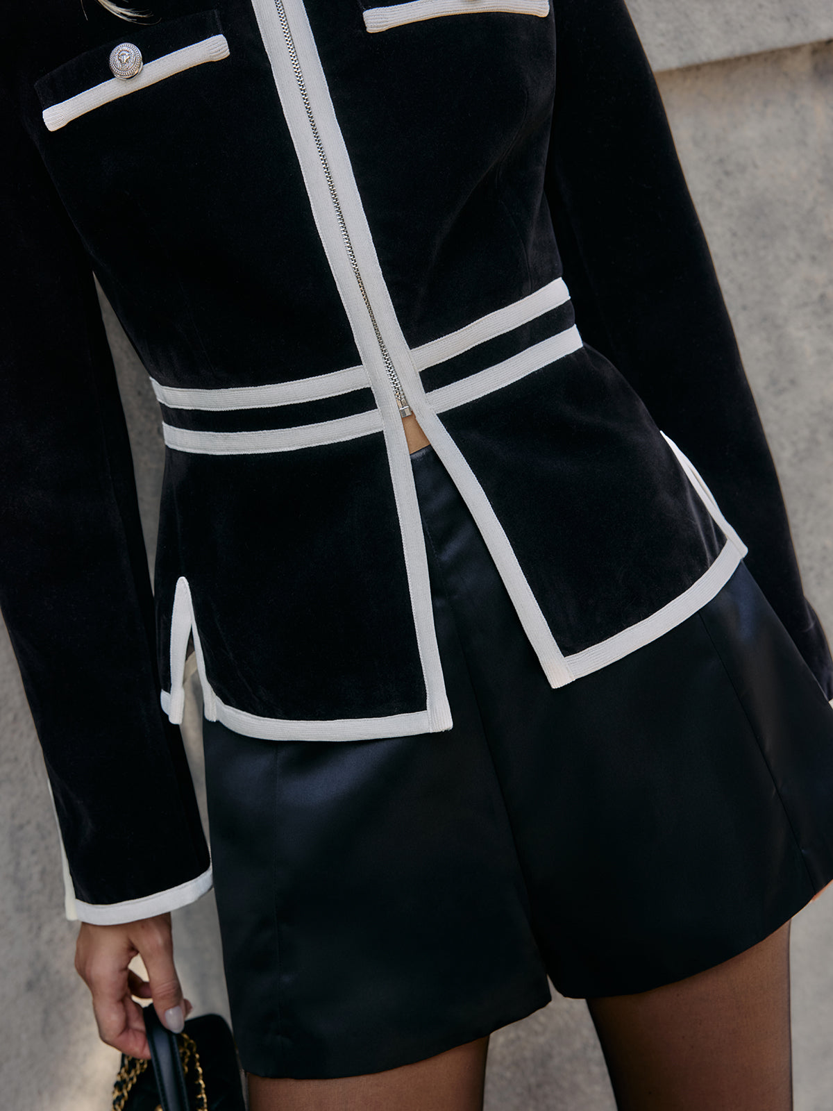 Contrast Piping Zip-Front Blazer-Chicvia