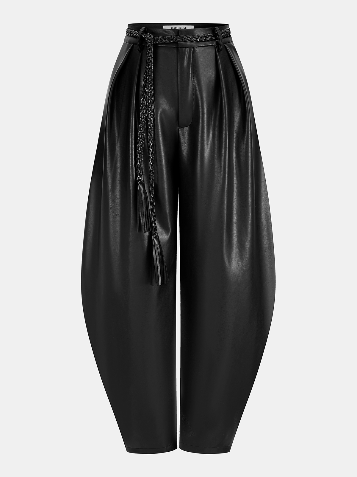 Faux Leather Balloon Pants with Braided Belt-Chicvia