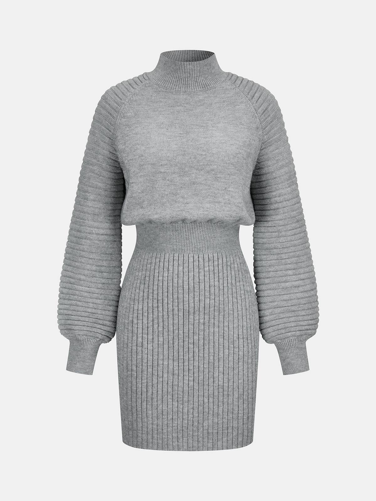 Mock Neck Cinched Waist Ribbed Knit Dress-Chicvia