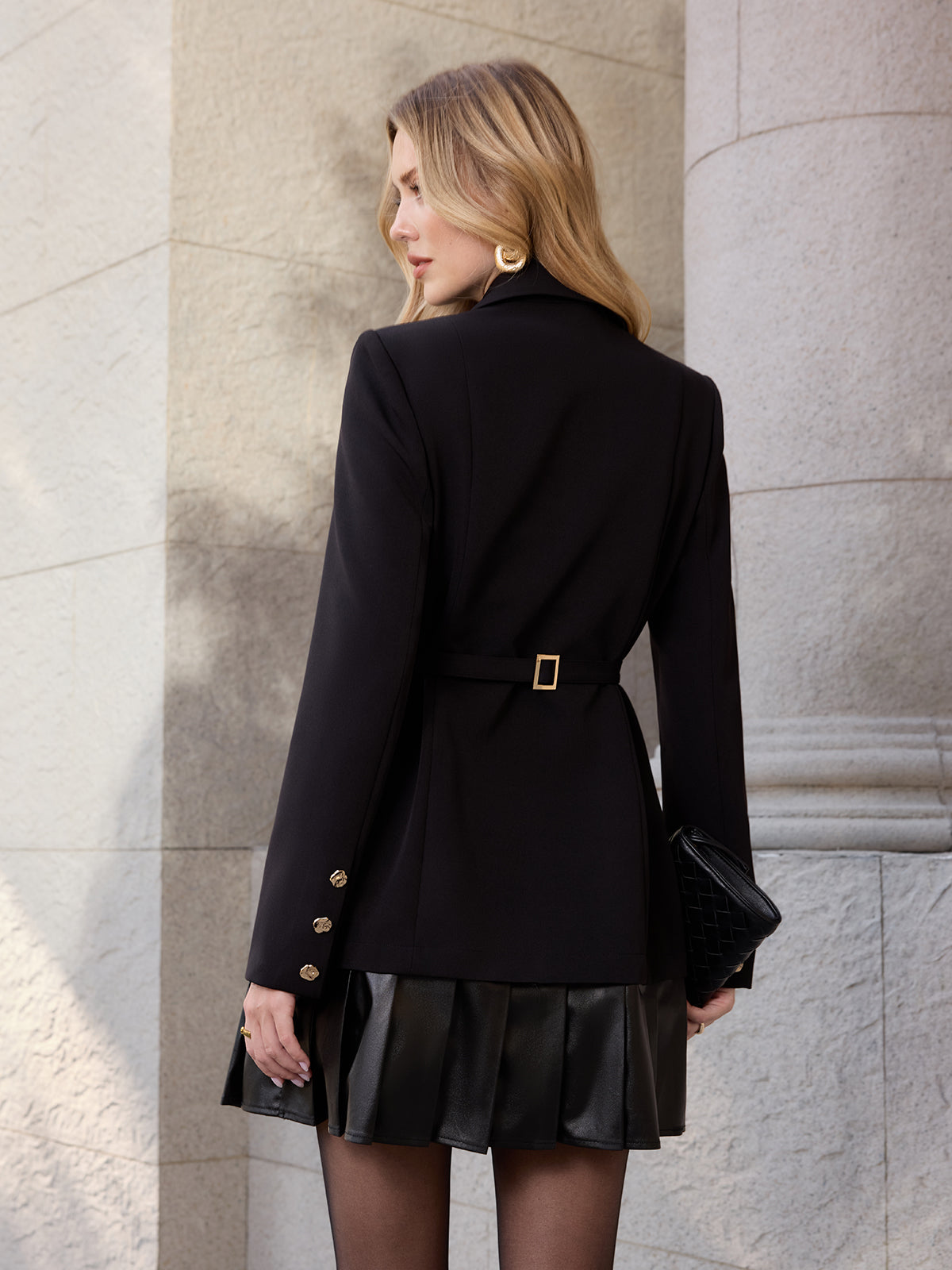 Faux Leather Pleated Hem Blazer Dresse-Chicvia