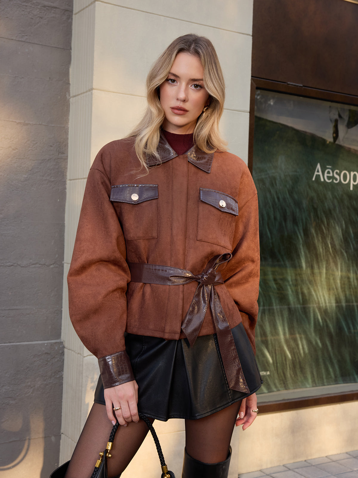 Croc Embossed Panel Suede Effect Belted Jacket-Chicvia