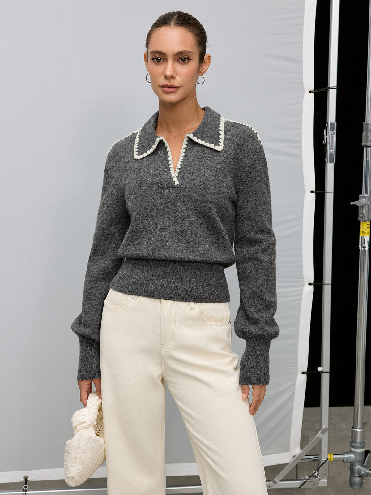 Contrast Embroidered Trim Polo Sweater-Chicvia