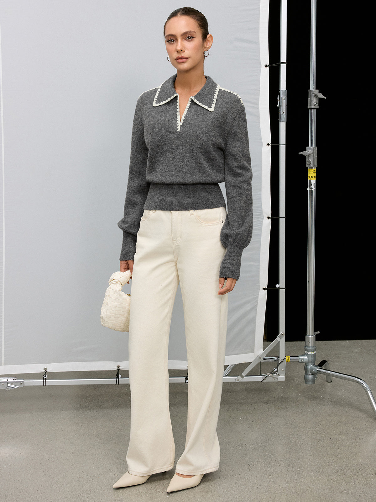 Contrast Embroidered Trim Polo Sweater-Chicvia