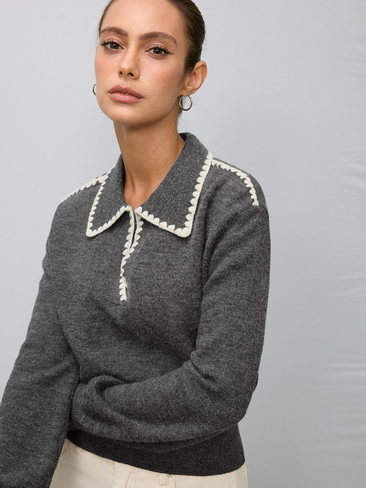 Contrast Embroidered Trim Polo Sweater-Chicvia