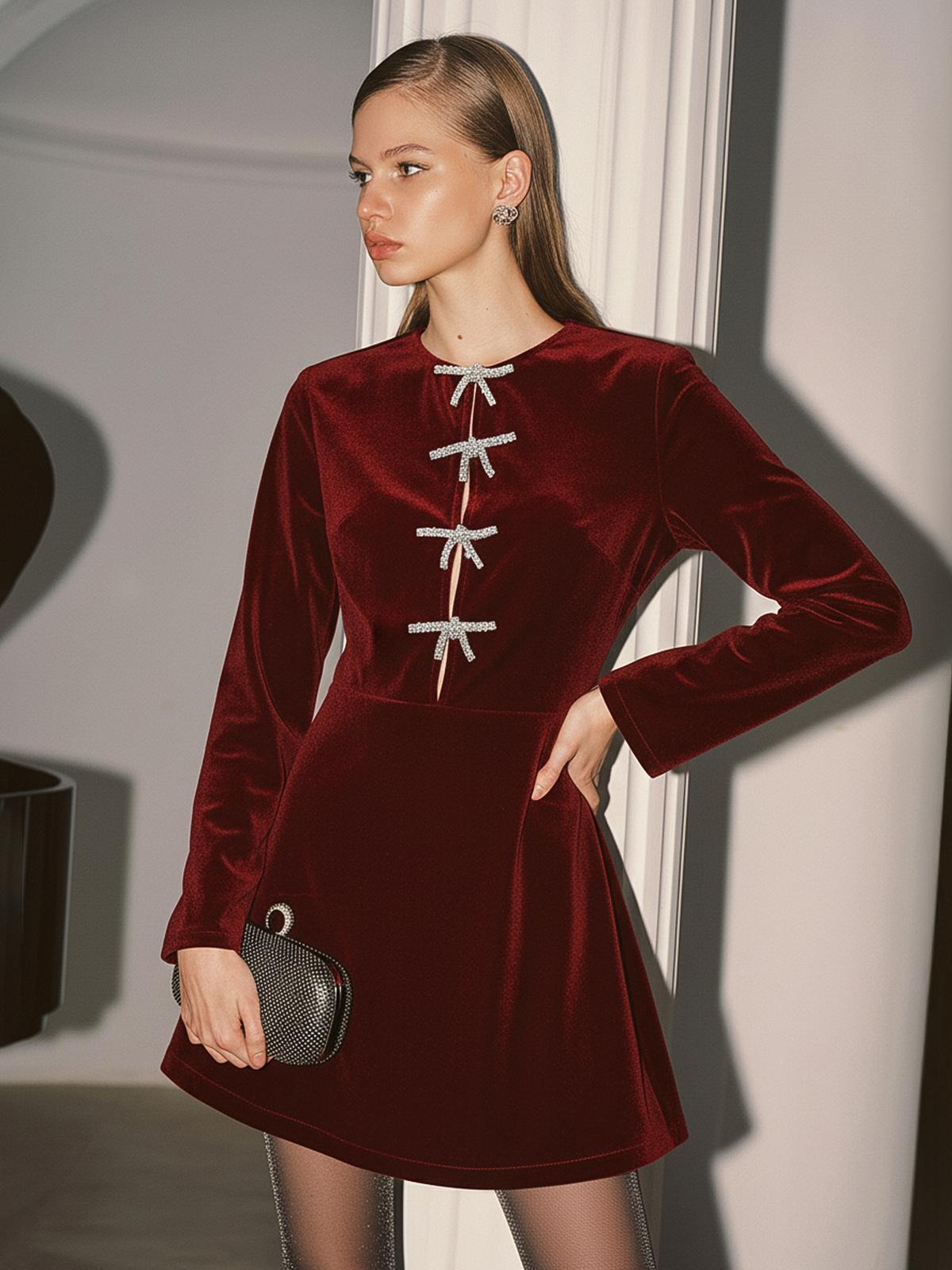 Crystal Bow Detail Velvet Mini Dress-Chicvia