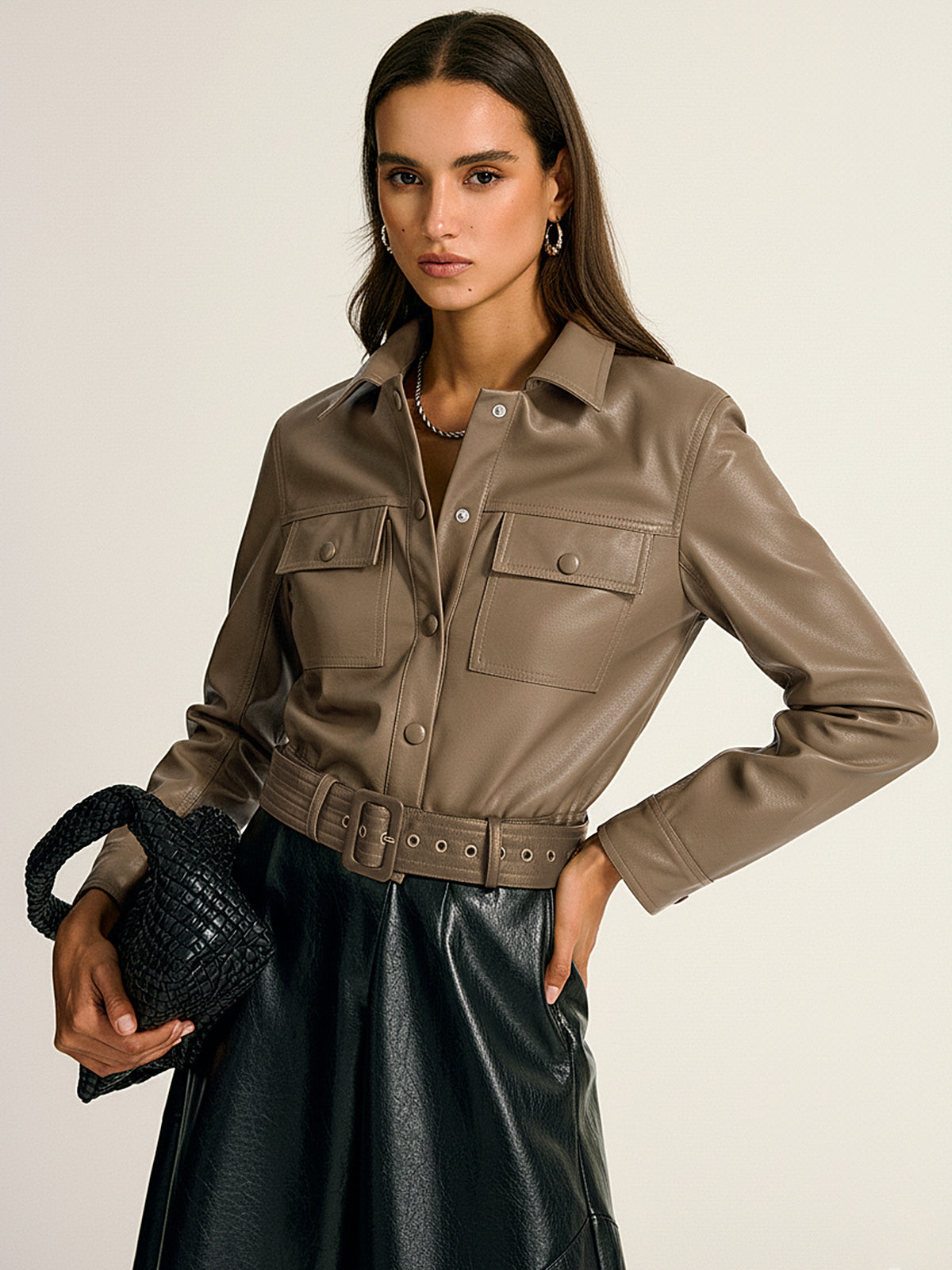 Belted PU Leather Cargo Shirt Jacket-Chicvia