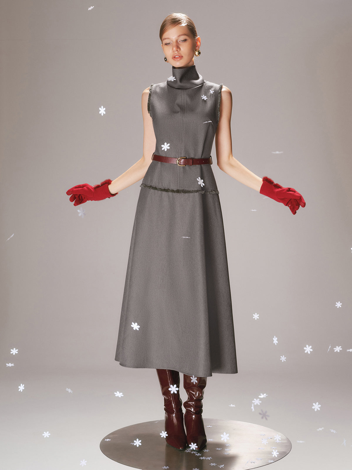 Belted Turtleneck Sleeveless Maxi Dress-Chicvia