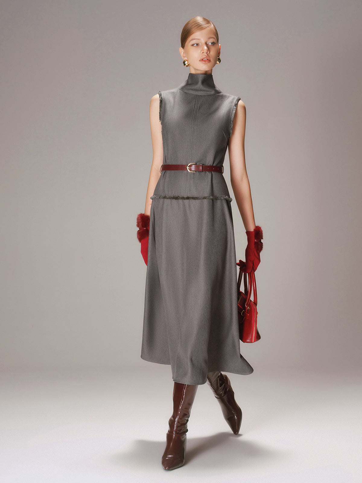 Belted Turtleneck Sleeveless Maxi Dress-Chicvia