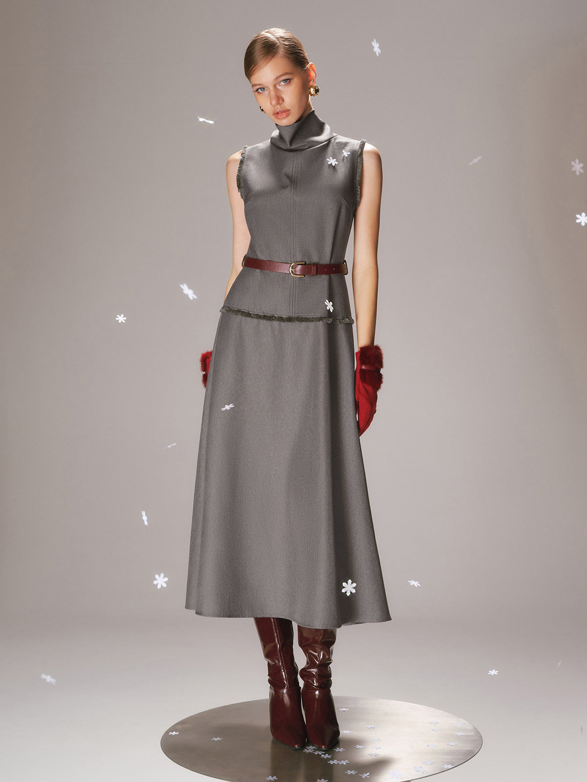 Belted Turtleneck Sleeveless Maxi Dress-Chicvia