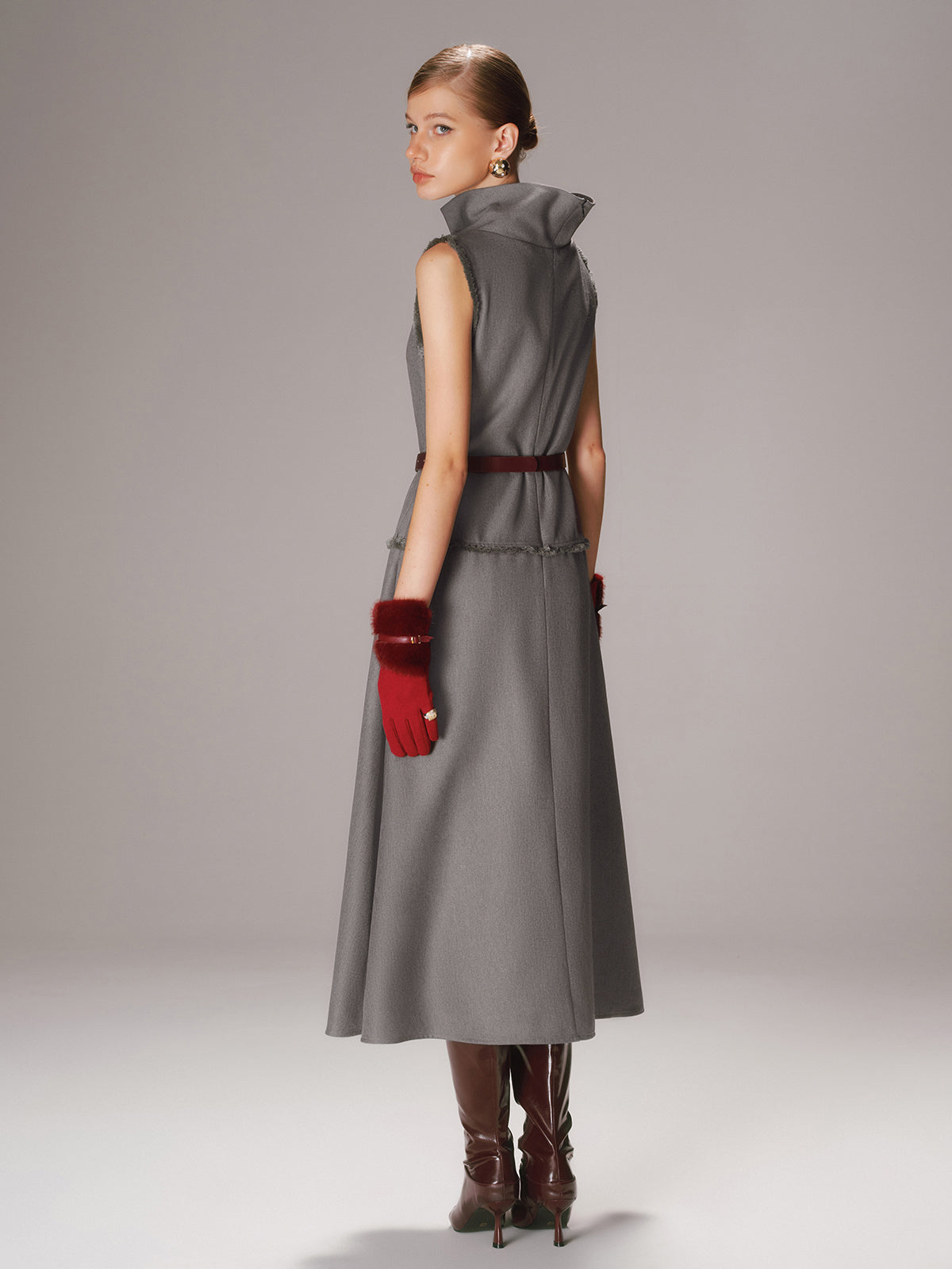 Belted Turtleneck Sleeveless Maxi Dress-Chicvia